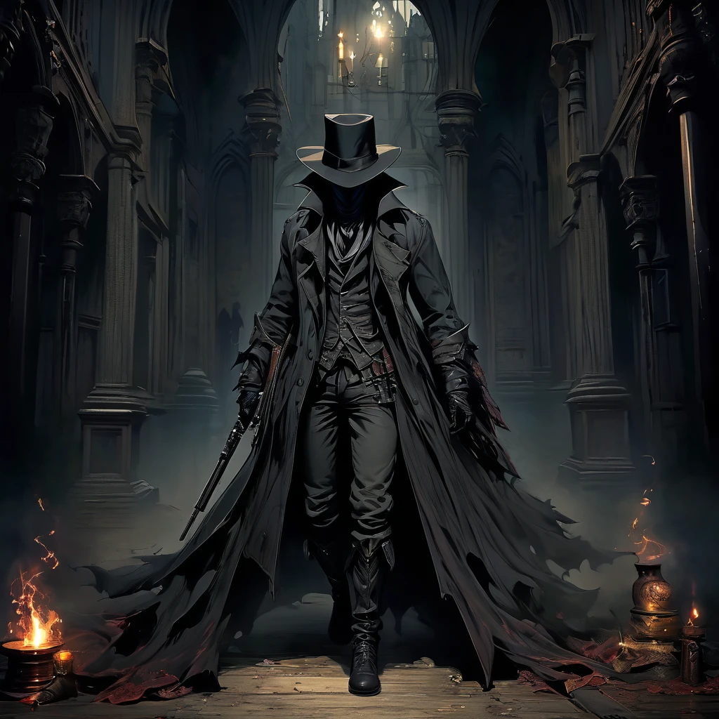 Best quality, Masterpiece, Ultra-high resolution, (photograph realistic:1.4), Surrealism, Dream-like,fusionart, Shadowdancer, shadow magic, darkness control, stealth, shadowstep, umbral spells,wrapped in shadow,have a gun,wrapped in shadow,have two pistols,Bloodborne,hold a gun,