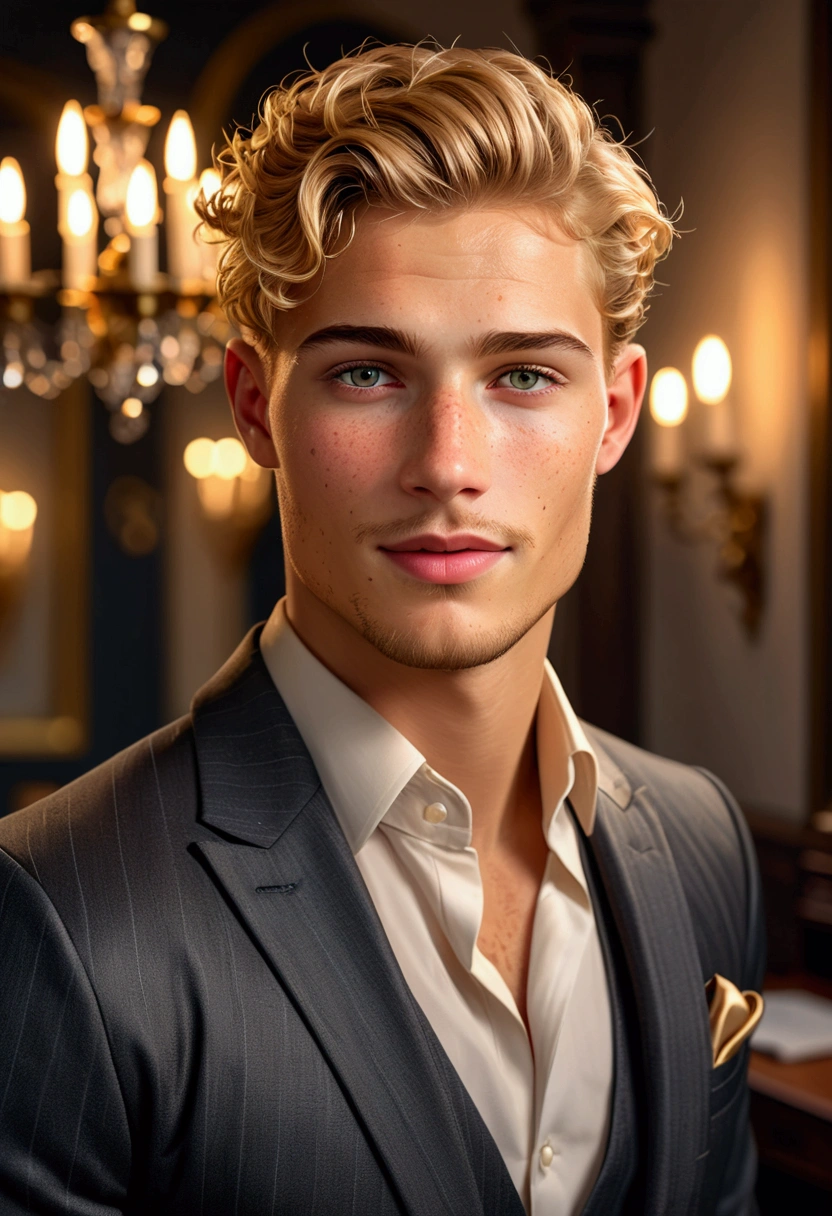 Beautiful young man with short golden blonde hair, bright, intense grey eyes, detailed face with shaved beard, blushing cheeks, rostro extremadamente realistic y detallado, freckles on her cheeks, He has a big charming smile on his face, elegant man with elegant pose, He is dressed in an elegant suit, at the back of an office, cinematic lighting, dramatic lighting, soft lighting, baroque style, Romantic, decorated, intricate details, masterpiece, (best quality, 4k, 8K, High resolution, masterpiece: 1.2),  ultra detailed, (realistic, fotorrealistic, fotorrealistic: 1.37), vibrant colors, Dark tones, warm lighting