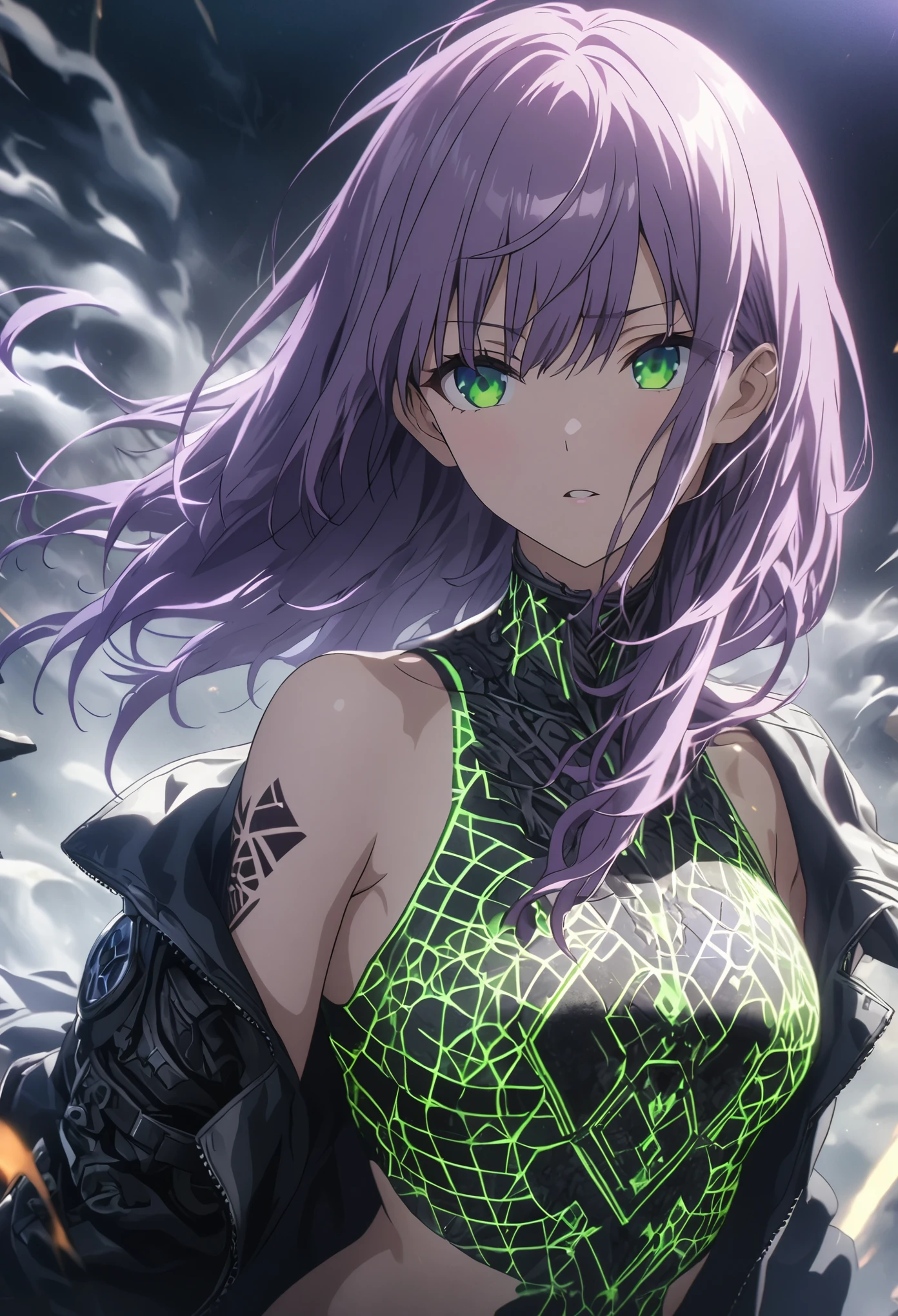 masterpiece, Best Quality, Highly detailed CG Unity 8k wallpaper, One Girl, Anime screenshots, He has extremely detailed, geometric neon tattoos all over his body., Written boundary depth, Purple Hair, Green Eyes, Reflective ground、Shibuya Scramble Crossing、Face close-up、Cinema Lighting、Clear light and dark、Light and Shadow、Octane Rendering、Add a cigarette and look up at the sky、Blank look、Smoke wavering effect