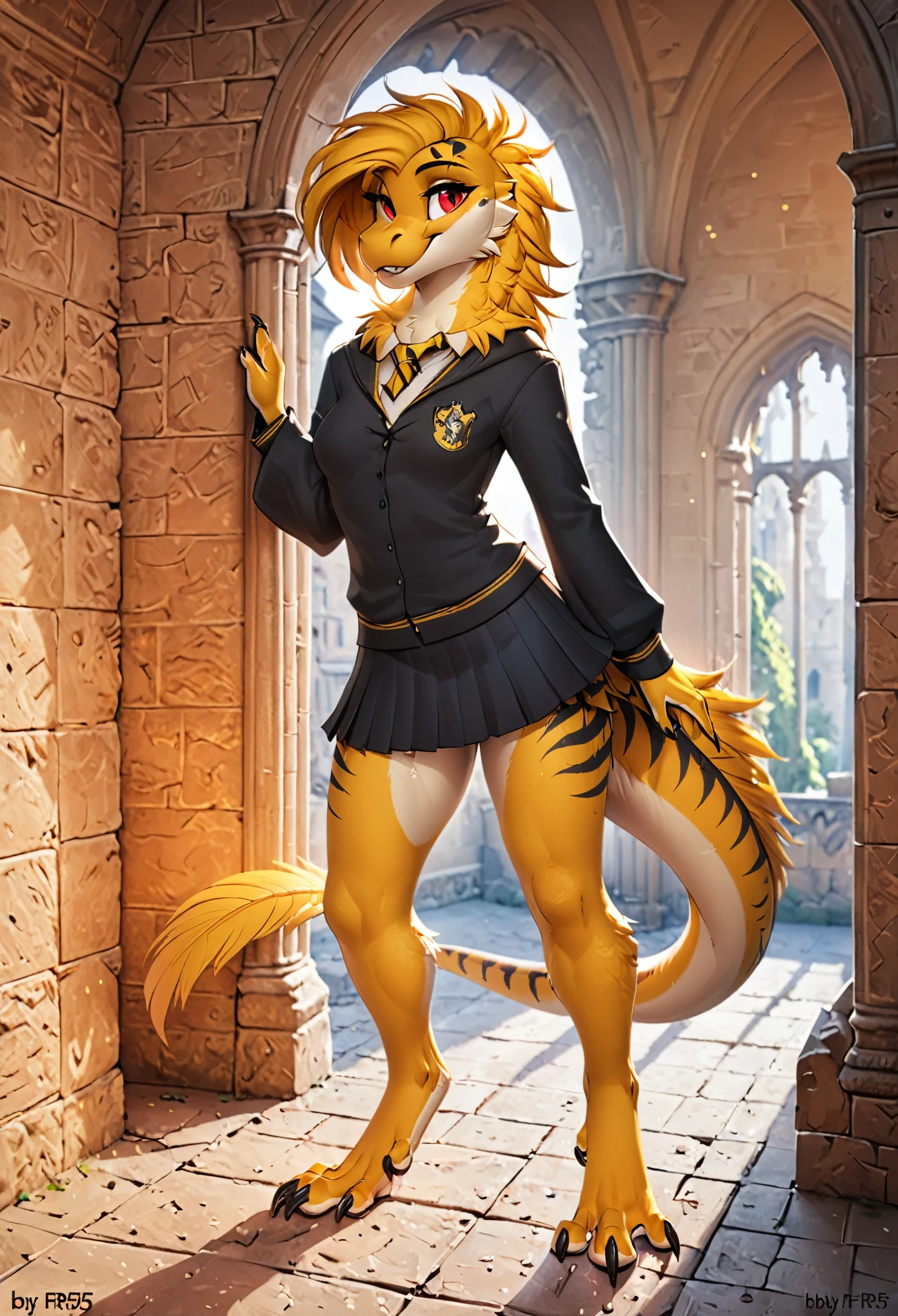 in the style of f-r95, in the style of zaush, in the style of binxxy, solo, (anthro), female, raptor, dinosaur, theropod, Dromaeosaurid, orange feathers, gold chest, gold belly, red eyes, digitigrade legs, claws, morning lighting, standing in a castle corridor, posing for a picture, smiling at viewer, pleated skirt, hogwarts uniform, hufflepuff uniform, hufflepuff emblem, black robe, clawed feet, dinosaur feet, dinosaur head, raptor head
