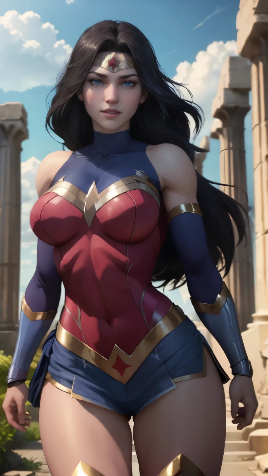 wonder woman da DC,(best qualityer,4K,8k,high resolution,work of art:1.2)(weather: cloudy)(pose: fighting), greek temple background, temple ruins, long curly hair, black hair, red top, blue micro shorts, red thigh high boots, diadem, long toga skirt, bracelets, ultra detailed,portrait,realistic,beautiful detailed blue eyes, beautiful detailed lips,extremely detailed eye and face, long eyelashes,average,large breasts,flying hair,beaming smile, sexy smile,powerful girl, bright coloured, dramatic lighting,