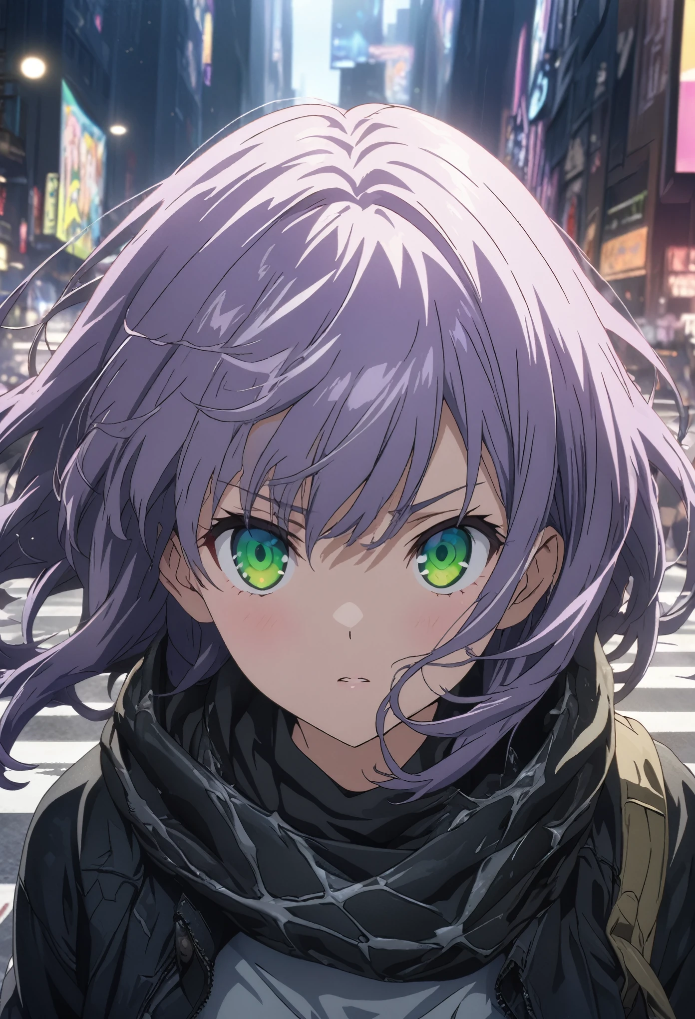 masterpiece, Best Quality, Highly detailed CG Unity 8k wallpaper, One Girl, Anime screenshots, Written boundary depth, Purple Hair, Green Eyes, Reflective ground、Shibuya Scramble Crossing、Face close-up、Cinema Lighting、Clear light and dark、Light and Shadow、Octane Rendering、Point a gun at the viewer、Blank look、Smoke wavering effect