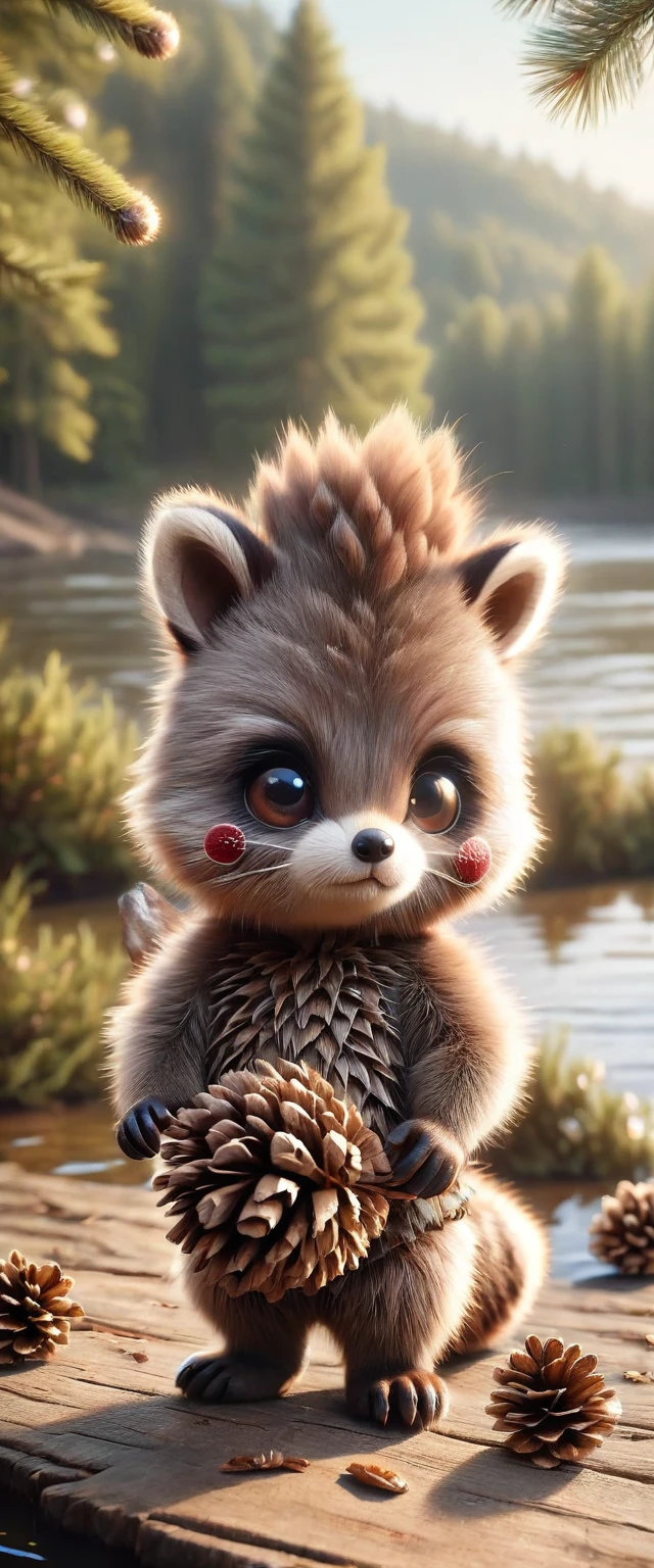 A captivating photograph of a cute extra fluffy baby realistic racoon hunting by the river, Made from pine cones, (solo), ral-smlintpls, WRAL－Mittenforst