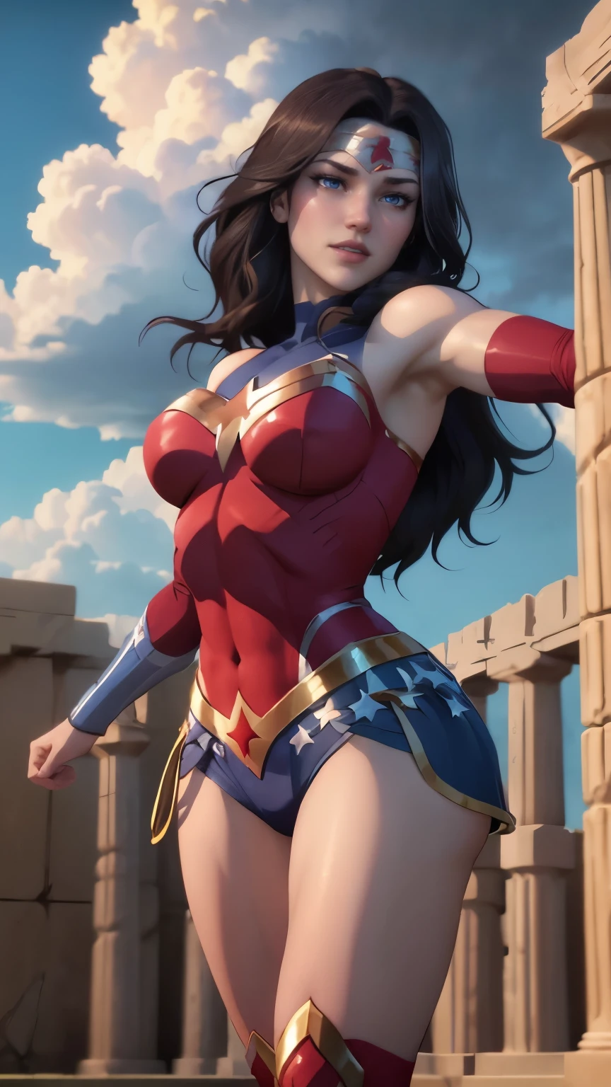 wonder woman da DC,(best qualityer,4K,8k,high resolution,work of art:1.2)(weather: cloudy), greek temple background, temple ruins, long curly hair, black hair, red top, blue micro shorts, red thigh high boots, diadem, long toga skirt, bracelets, ultra detailed,portrait,realistic,beautiful detailed blue eyes, beautiful detailed lips,extremely detailed eye and face, long eyelashes,average,large breasts,flying hair,beaming smile, cute smile,powerful girl, bright coloured, dramatic lighting, fighting,