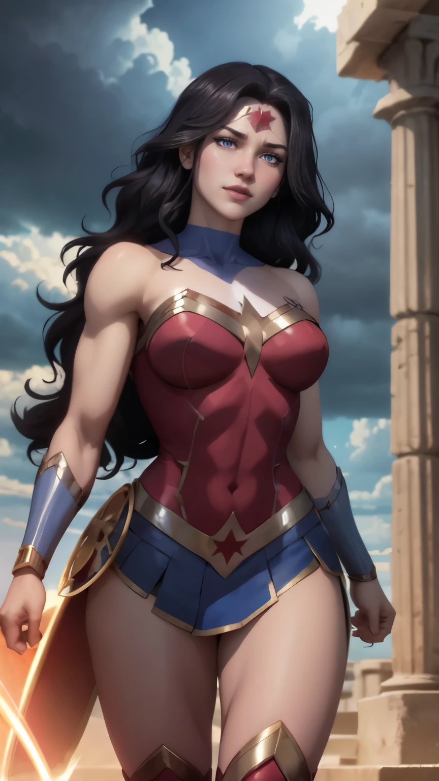 wonder woman da DC,(best qualityer,4K,8k,high resolution,work of art:1.2)(weather: cloudy), greek temple background, temple ruins, long curly hair, black hair, red top, blue micro shorts, red thigh high boots, diadem, long toga skirt, bracelets, ultra detailed,portrait,realistic,beautiful detailed blue eyes, beautiful detailed lips,extremely detailed eye and face, long eyelashes,average,large breasts,flying hair,beaming smile, cute smile,powerful girl, bright coloured, dramatic lighting, fighting,