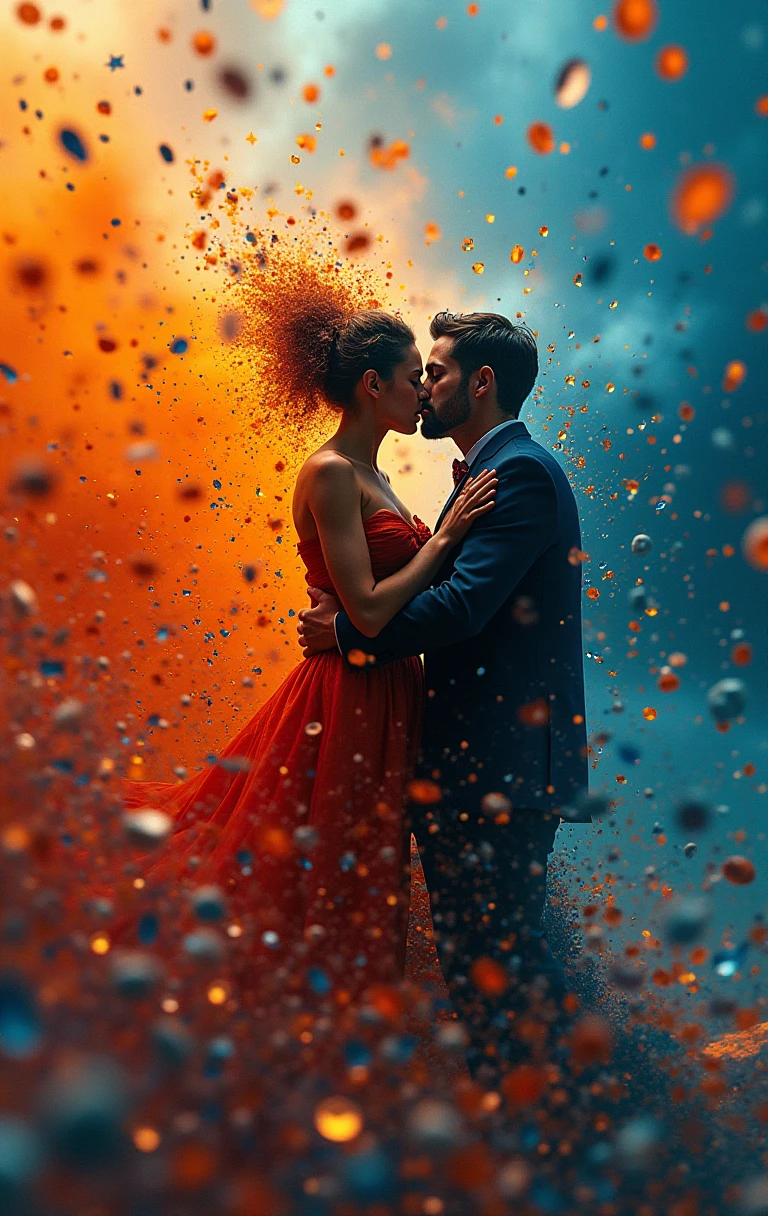Fantasy art, silhouette of two people embracing, side view, (they gradually turn into colorful smoke scattering, fine particles: 1.6), the Womon is significantly shorter than the man, and the woman needs to wear high heels with her toes raised,romantic, mixed style,Dark background, grey background, simple background, Soft color palette, intricate, (best quality, masterpiece, Representative work, official art, Professional, unity 8k wallpaper:1.3)