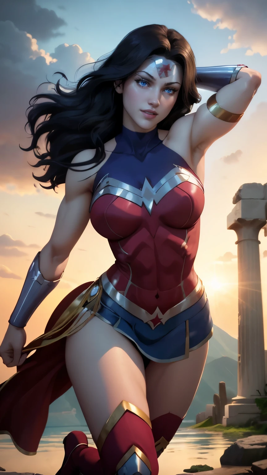 wonder woman da DC,(best qualityer,4K,8k,high resolution,work of art:1.2)(weather: cloudy), greek temple background, temple ruins, long curly hair, black hair, red top, blue micro shorts, red thigh high boots, diadem, long toga skirt, bracelets, ultra detailed,portrait,realistic,beautiful detailed blue eyes, beautiful detailed lips,extremely detailed eye and face, long eyelashes,average,large breasts,flying hair,beaming smile, cute smile,powerful girl, bright coloured, dramatic lighting, fighting,