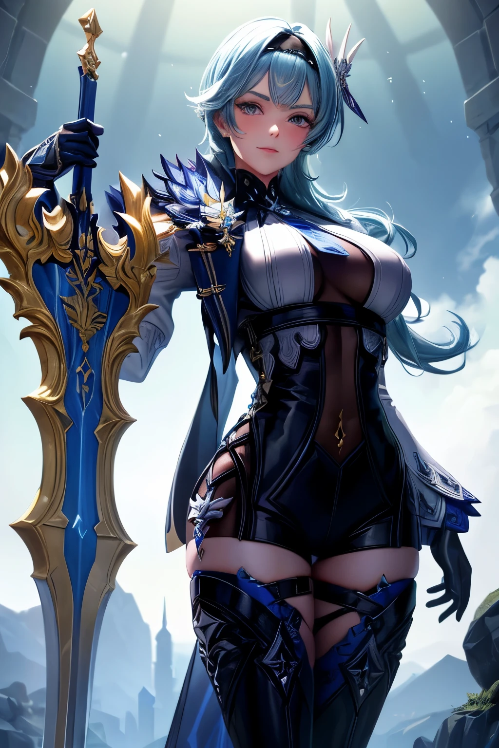 (Extremely detailed background) (best quality), (highest quality), (masterpiece) , (ultra-detailed) , Eula Lawrence, Your MILF skin is oily,standing pose,, seductive look, seductive smile,holding a giant sword blush, Long hair,standing pose, eyes looking at the viewer , Alone ,4K , 8k ,
