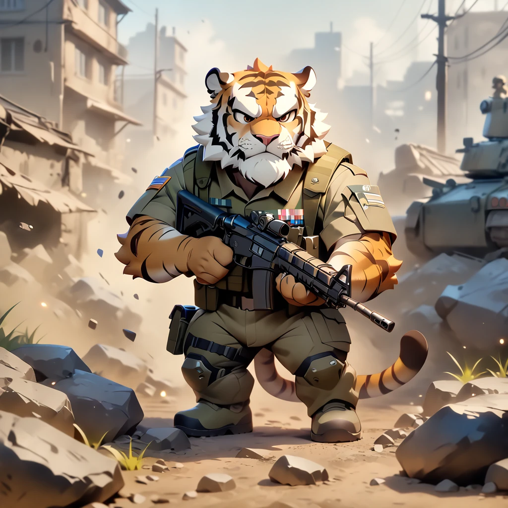 masterpiece, best quality, very aesthetic, absurdres, BREAK noise reduction, elaborate, BREAK chibi, [face:full body:10], dynamic angle, military, sergeant, plump middle-aged tiger man, fluffy body, tail, brown eyes, beautiful beard, male face, big face, square jawline, male eyes, sharp eyes, big eyes, male eyebrows, innocent look, BREAK set up assault rifle, standing, fighting, BREAK [simple background::12], battlefield, outdoor,  