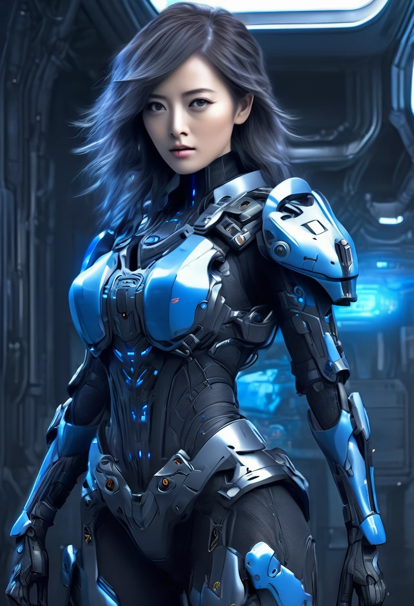 A female police officer wearing exoskeleton cyber armor, The armor fits snugly、He has a plasma gun in his hand., Full Body View, Maximum details, Detailed drawings and excellent quality, 8k,chest, blue eyes, blue eyes, Take a look, Take a look, High resolution, 超High resolution, Best Quality, Shortcuts, Black Hair, 大きなchest, Cinematic Lighting Effects, Futuristic, ((High tech spaceship interior with blue light illumination)), 