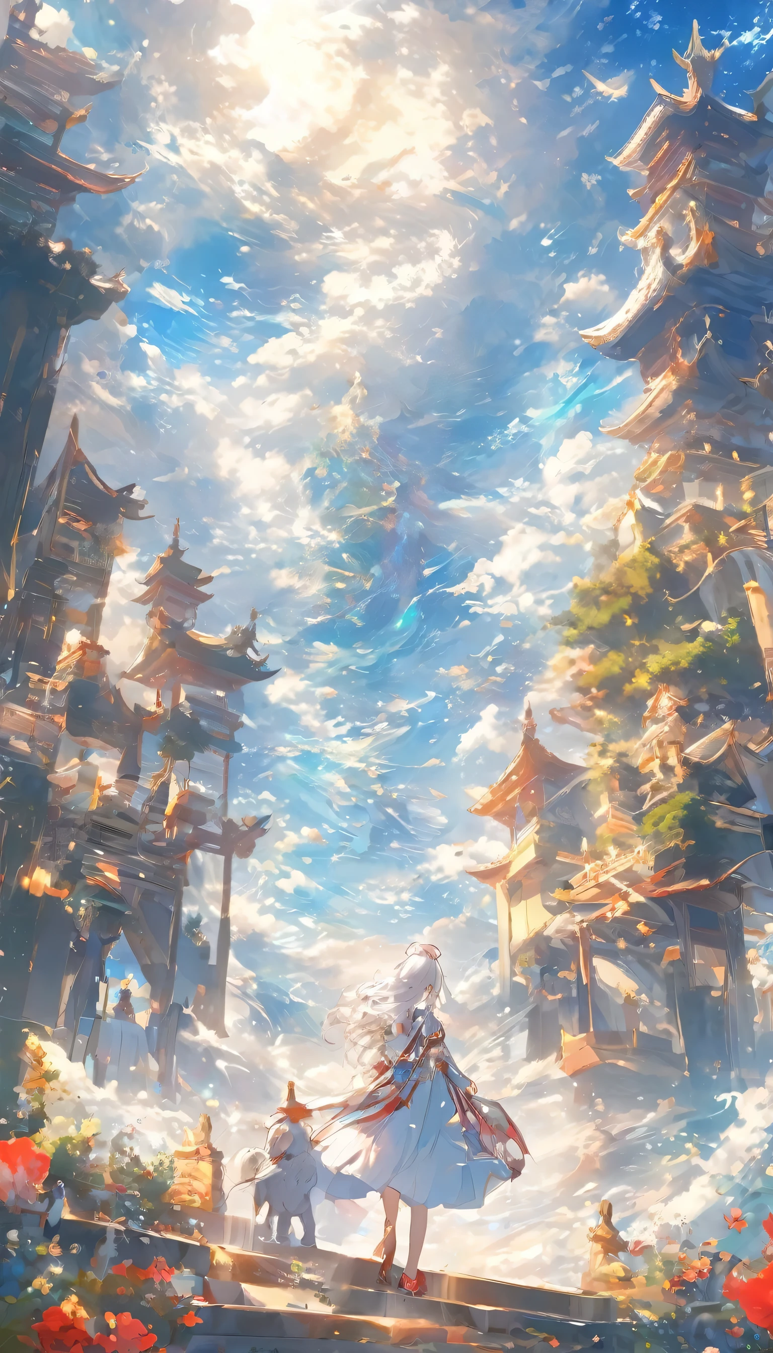 (Panorama, center, masterpiece, Best Quality: 1.2), (8k, RAW Photos, Best Quality), ((masterpiece:1.2)), Genuineistic, Ultra-high resolution, Genuine, Very detailedな, Very detailed, RAW Photos, Genuine, Long Shot, 美しいnull, High-definition CG, 8k), Silver-haired woman、null、cloud、The world is made up of heaven and earth、Fantastic scenery