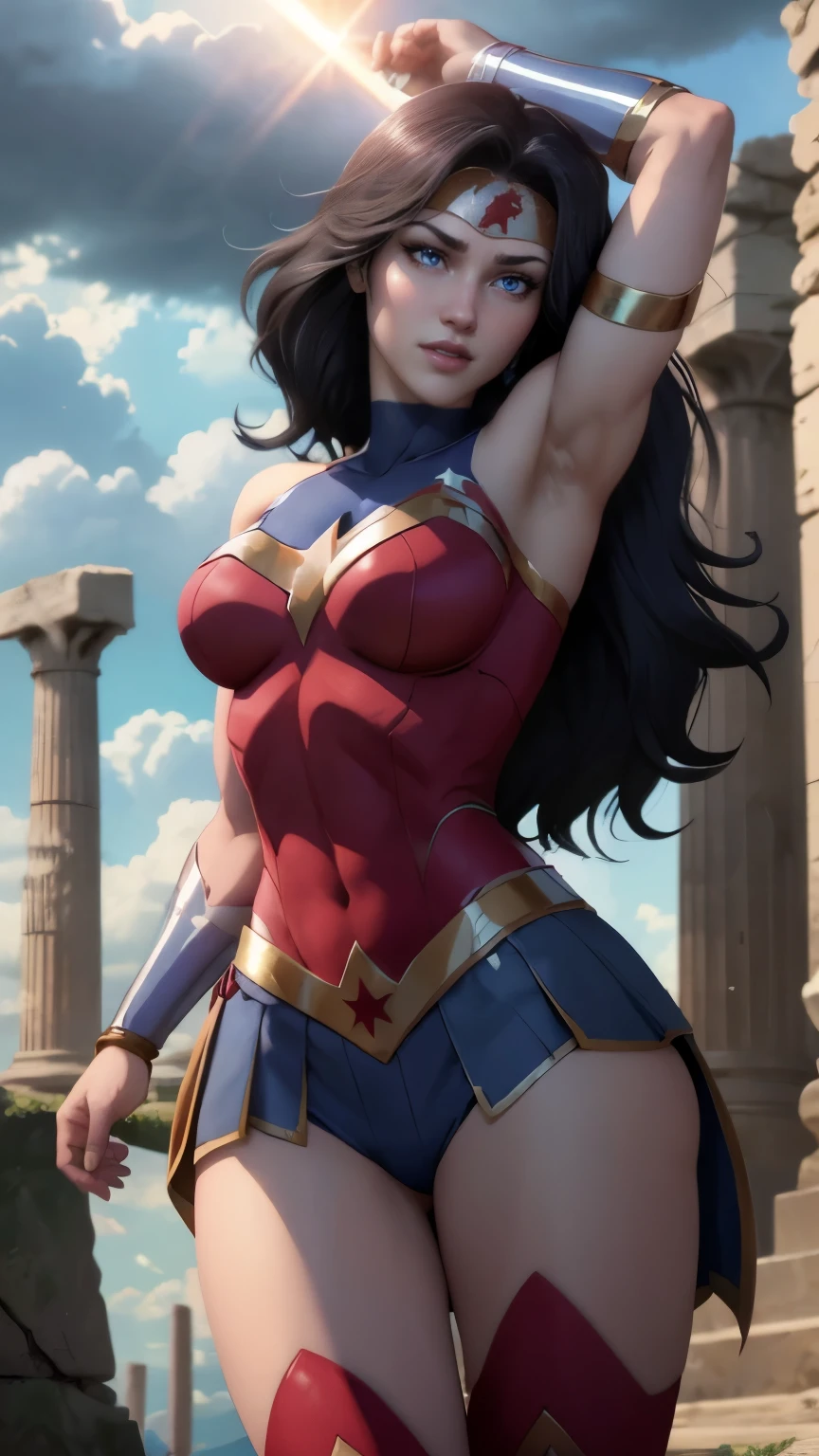 wonder woman da DC,(best qualityer,4K,8k,high resolution,work of art:1.2)(weather: cloudy), greek temple background, temple ruins, long curly hair, black hair, red top, blue micro shorts, red thigh high boots, diadem, long toga skirt, bracelets, ultra detailed,portrait,realistic,beautiful detailed blue eyes, beautiful detailed lips,extremely detailed eye and face, long eyelashes,average,large breasts,flying hair,beaming smile, sexy smile,powerful girl, bright coloured, dramatic lighting, fighting,