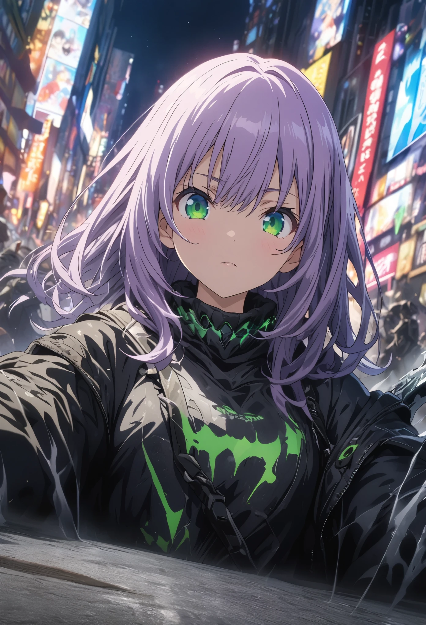 masterpiece, Best Quality, Highly detailed CG Unity 8k wallpaper, One Girl, Anime screenshots, Written boundary depth, Purple Hair, Green Eyes, Reflective ground、Shibuya Scramble Crossing、Face close-up、Cinema Lighting、Clear light and dark、Light and Shadow、Octane Rendering、Point a gun at the viewer、Hold your sword towards the viewer、Blank look、Smoke wavering effect