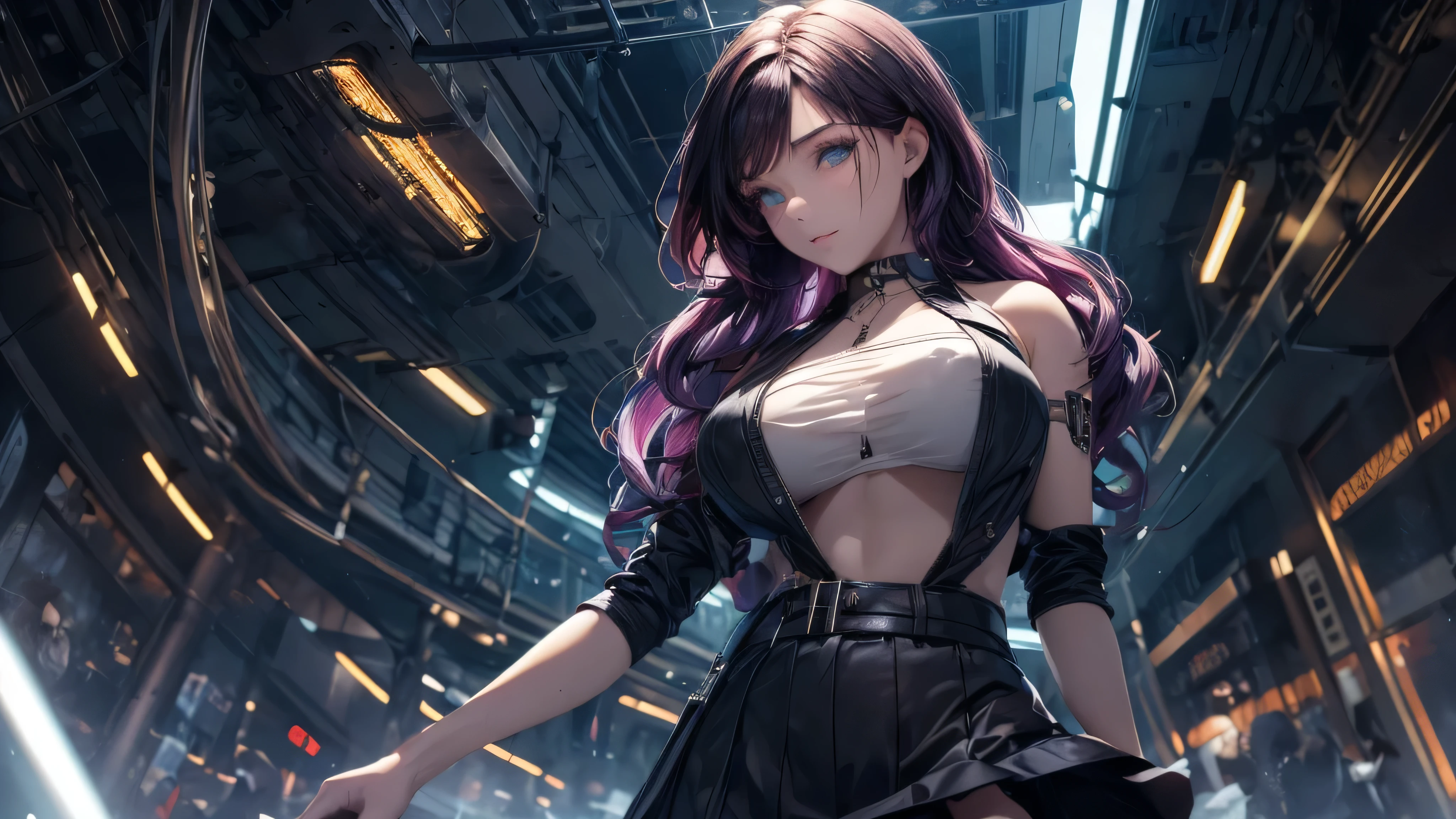 ((masterpiece, best quality)), ((1girl)), (solo), (realistic), (female focus), (skinny), (goth girl), (purple hair, very long hair), futuristic, eyeshadow, mascara, long eyelashes, large blue eyes, looking at viewer, light smile, goth, cyberpunk, sexy, (buttoned shirt), (button gap)), (short skirt)), standing, cyberpunk background, arms behind back, dynamic angle,