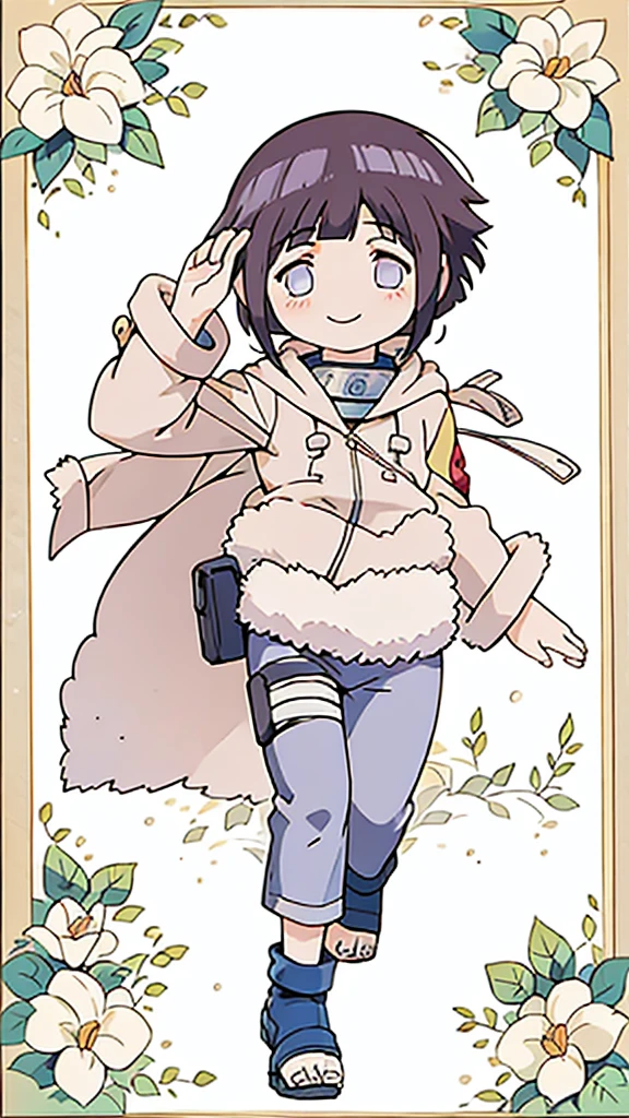 masterpiece, best quality, beautiful, cute visual art, girl (proportion: 1:5 heads), Hinata Hyuuga, hinata hyuga, short hair, white eyes, bangs, blunt bangs, medium breasts,long sleeves, pants, hood, konohagakure symbol, fur trim, jacket, cute, happy smile, in a ninja town {(wind power: 0.5)}, slim and long legs (open legs), Ezbian full body (softly wind blows), {{((A gentle wind blows her hair))}}, good proportions, looking at the viewer, ink, blushing, big smile, no nose, cute style, pastel tones, soft colors