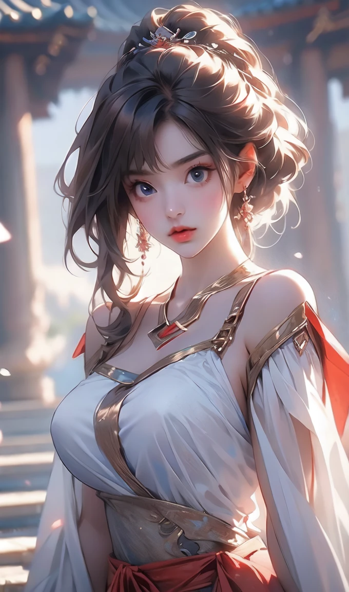 best quality, huge tits, busty, masterpiece, highres, wuxia 1girl, super Beautiful face, super beautiful eye, hair ornament, super beautiful hair, brown hair, blue eyes, upperbody, thigh