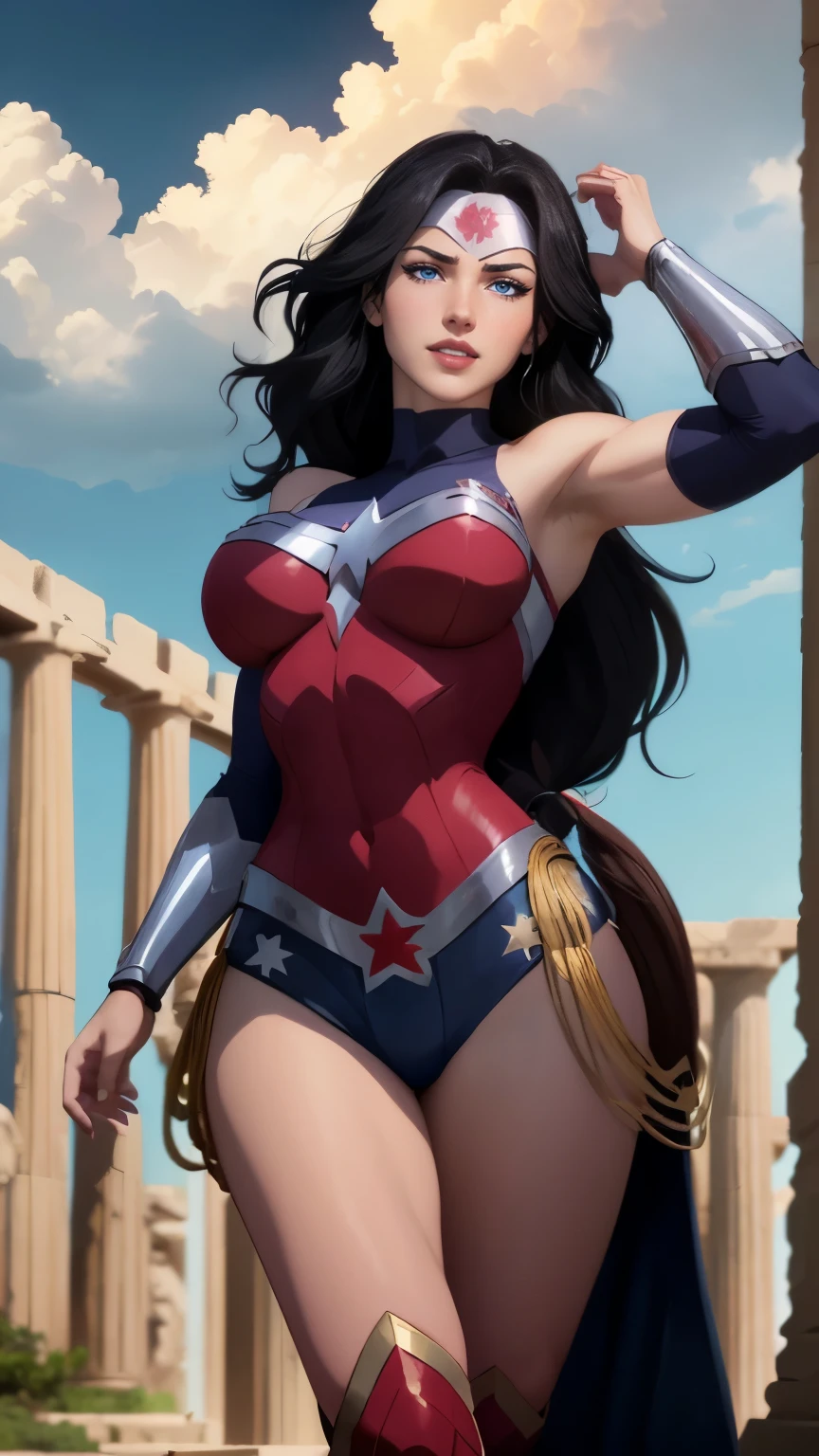 wonder woman da DC,(best qualityer,4K,8k,high resolution,work of art:1.2)(weather: cloudy), greek temple background, temple ruins, long curly hair, black hair, red top, blue micro shorts, red thigh high boots, diadem, long toga skirt, bracelets, combat pose, ultra detailed,portrait,realistic,beautiful detailed blue eyes, beautiful detailed lips,extremely detailed eye and face, long eyelashes,average,large breasts,flying hair,beaming smile, sexy smile,powerful girl in combat, bright coloured, dramatic lighting,