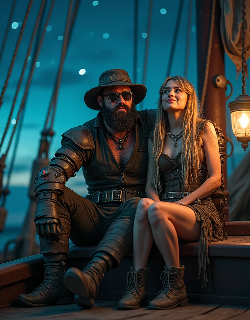 smiling black woman, tall and thin, very long black curly hair with a red rose, wearing a medieval dress with 7 ruffles in red with white details, in the left hand a cigarette, on the right a mug of beer. Next to a sailor with fair skin and sensual eyes, with defined abs, pirate hat and trident in hand. In the background a nocturnal sea. PICTURE REALISTIC