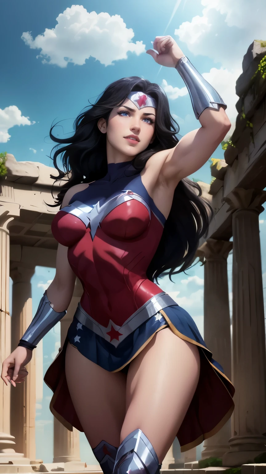 wonder woman da DC,(best qualityer,4K,8k,high resolution,work of art:1.2)(weather: cloudy), greek temple background, temple ruins, long curly hair, black hair, red top, blue micro shorts, red thigh high boots, diadem, long toga skirt, bracelets, combat pose, ultra detailed,portrait,realistic,beautiful detailed blue eyes, beautiful detailed lips,extremely detailed eye and face, long eyelashes,average,large breasts,flying hair,beaming smile, sexy smile,powerful girl in combat, bright coloured, dramatic lighting,