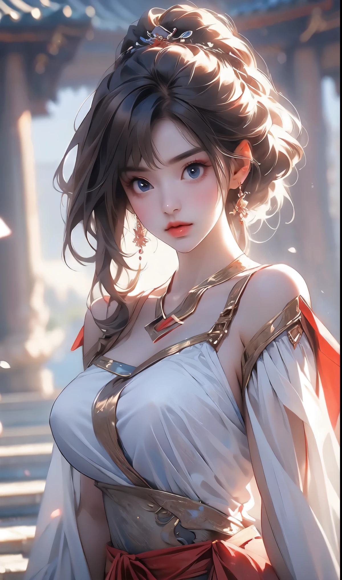 best quality, huge tits, busty, masterpiece, highres, wuxia 1girl, super Beautiful face, super beautiful eye, hair ornament, super beautiful hair, brown hair, blue eyes, upperbody, thigh