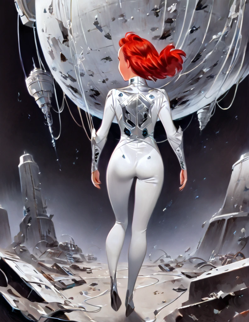 Pale Middle aged red haired Woman wearing a silver sci-fi body suit. She has a calm dead pan expression. She is floating in space she as if she was standing stiff with her feet pointing downward. She is being viewed from the back. The is sharp jagged space debris floating around. She is in front of a wrecked star ship that has many wires jutting out of it. The windows of the ship are shattered. 