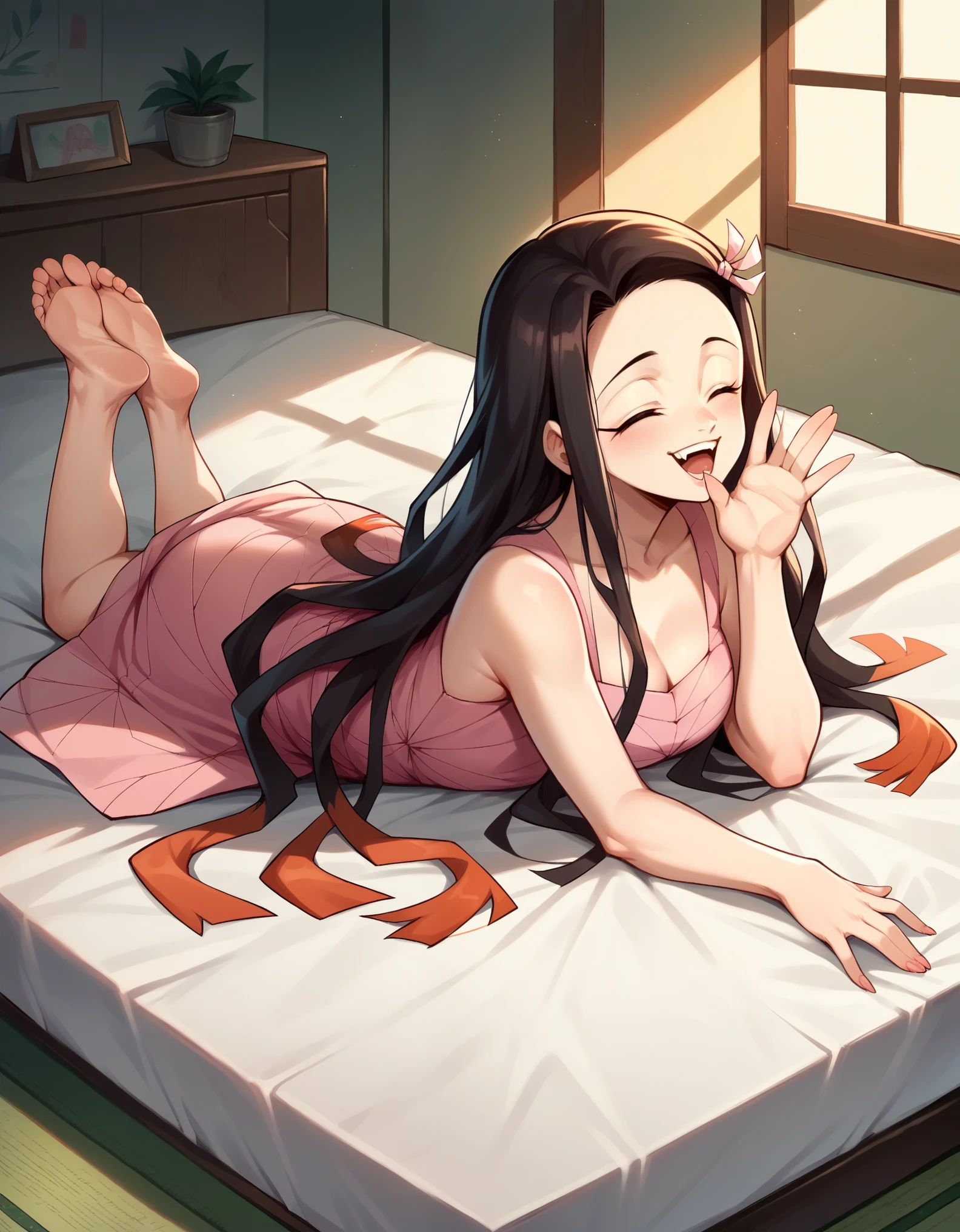 score_9,score_8_up,score_7_up, score_6_up, source_anime, nezuko kamado, demon form, naked, on a bed, barefoot, sexy feet, bamboo mouth cover, seductive