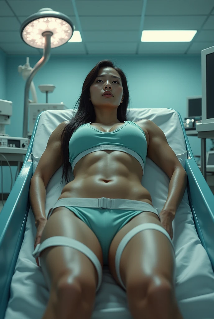 ((Highest quality)), ((masterpiece)), (detailed), Chun-Li has her legs spread on the examination table and gets her genitals examined、Insertion of medical instruments into the genitals、Hand and foot restraints、Blindfold、Anus is visible、Desperate look、Many Hands、Amazing muscles
