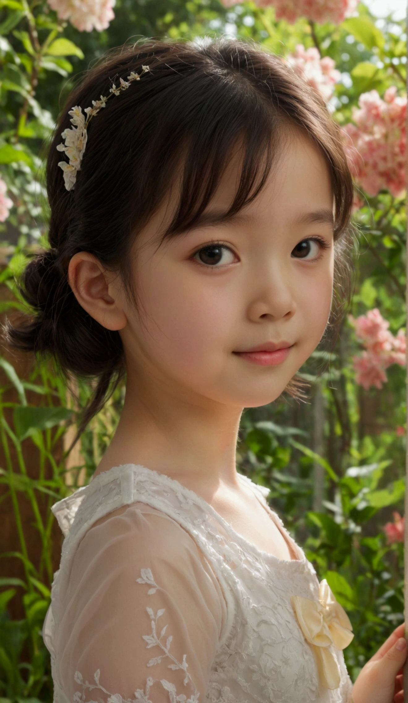 8k, masterpiece, cute, very pretty, Indonesian-Chinese, age 10, ((preteen)), pale skin, Innocent face, cute face, juvenile physique, beautiful body, Calm Eyes, White camisole dress, Her clothes are transparent and her skin is visible, adorable, blushing, pretty, flawless, Anatomically Correct, shy, embarrassed, Looking at the viewer, show off her cuteness, in the garden, natural lighting