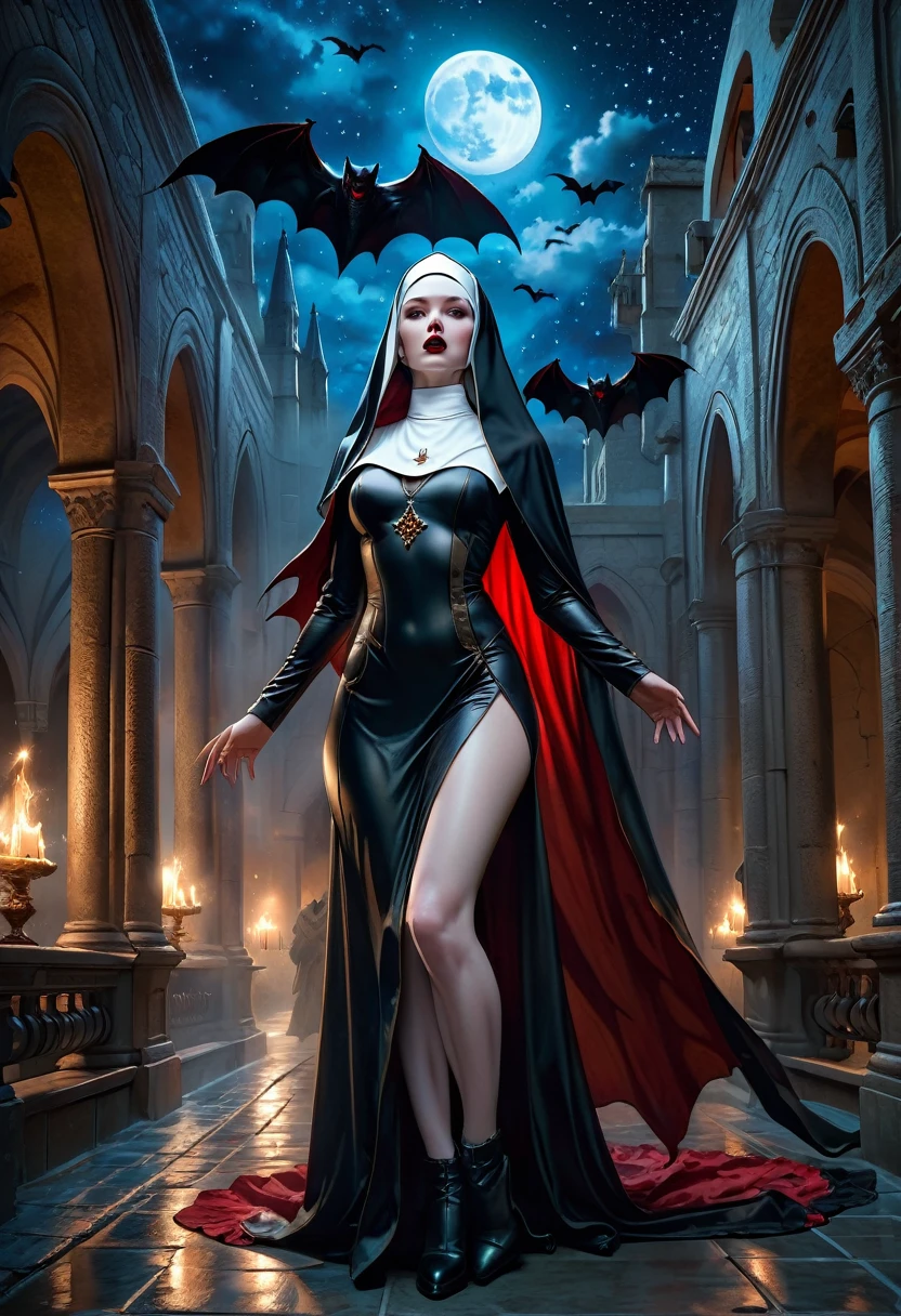 a picture of an exquisite beautiful female (nun: 1.3) vampire standing under the starry night sky on the porch of her monastary, action shot, dynamic angle (ultra detailed, Masterpiece, best quality), ultra detailed face (ultra detailed, Masterpiece, best quality), ultra feminine, (pale skin: 1.3), red hair, wavy hair, dynamic eyes color, cold eyes, glowing eyes, intense eyes, dark red lips, [fangs], wearing white nun habit (ultra detailed, Masterpiece, best quality), wearing blue cloak (ultra detailed, Masterpiece, best quality), long cloak, flowing cloak (ultra detailed, Masterpiece, best quality), wearing high heeled boots, sky full of stars background, moon, bats flying about, action shot, high details, best quality, 16k, [ultra detailed], masterpiece, best quality, (ultra detailed), full body, ultra wide shot, photorealism, dark fantasy art, dark fantasy art, gothic art, many stars, dark fantasy art, gothic art, sense of dread, bloodmagic