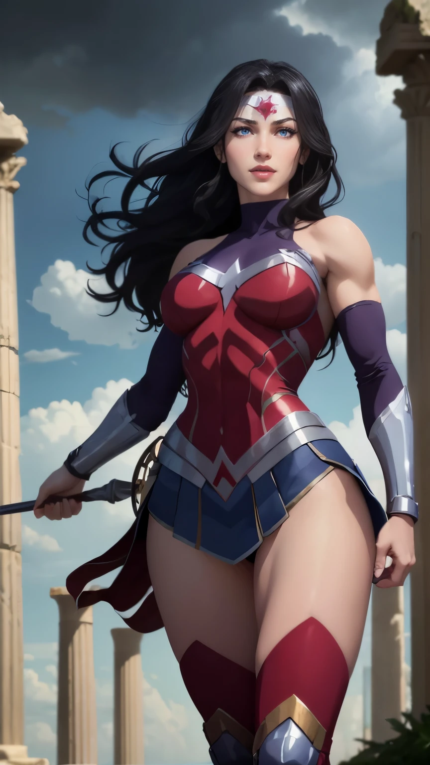 wonder woman da DC,(best qualityer,4K,8k,high resolution,work of art:1.2)(weather: cloudy), greek temple background, battle ruins, battle smoke, long curly hair, black hair, red top, blue micro shorts, red thigh high boots, diadem, long toga skirt, bracelets, combat pose, ultra detailed,portrait,realistic,beautiful detailed blue eyes, beautiful detailed lips,extremely detailed eye and face, long eyelashes,average,large breasts,flying hair,beaming smile, sexy smile,powerful girl in combat, bright coloured, dramatic lighting,