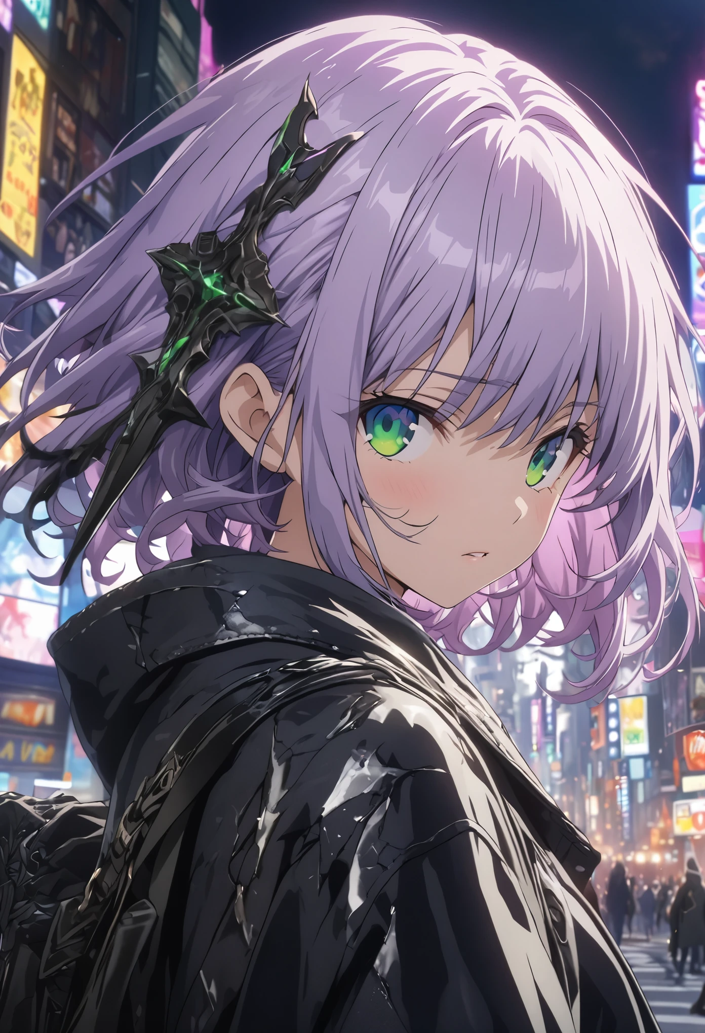masterpiece, Best Quality, Highly detailed CG Unity 8k wallpaper, One Girl, Anime screenshots, Written boundary depth, Purple Hair, Green Eyes, Reflective ground、Shibuya Scramble Crossing、Face close-up、Cinema Lighting、Clear light and dark、Light and Shadow、Octane Rendering、Point a gun at the viewer、Hold your sword towards the viewer、Blank look、Smoke wavering effect