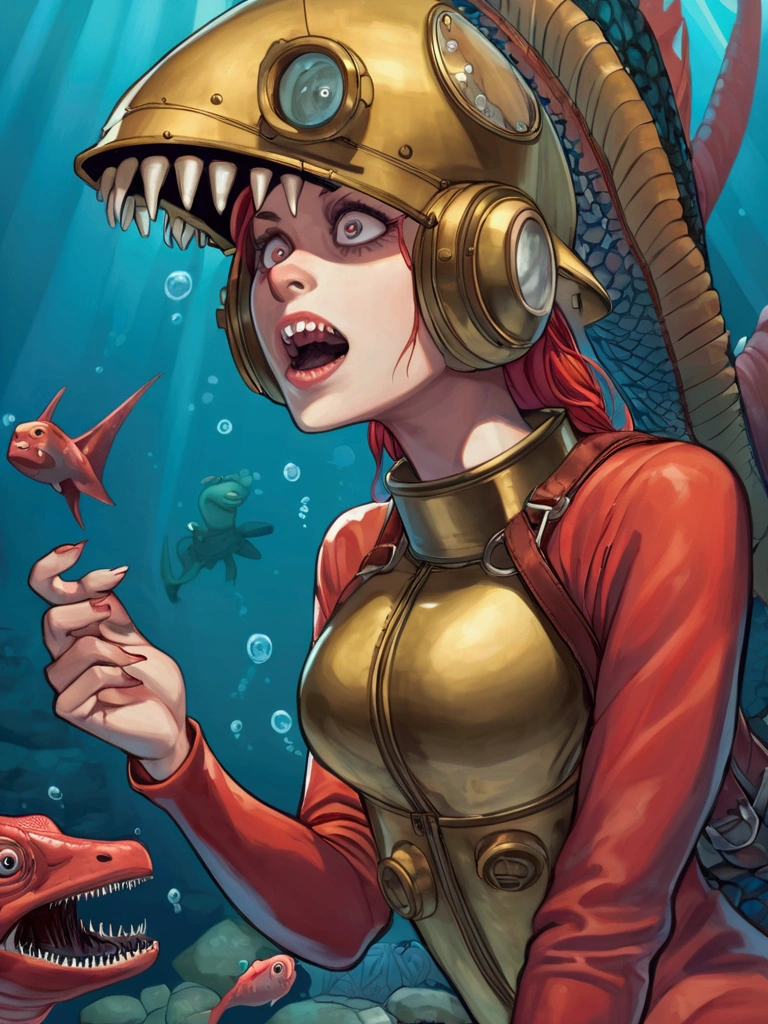 
Cartoon red-head pale woman. Wearing a old brass diving suit. She looks at the creature  with fear and dispair on her face. She is wearing a brass helmet. A long neck creature is behind her, the creature looks like aunderwater dinosaur mixed with a latge deep trench fish with horrid jagged teeth.