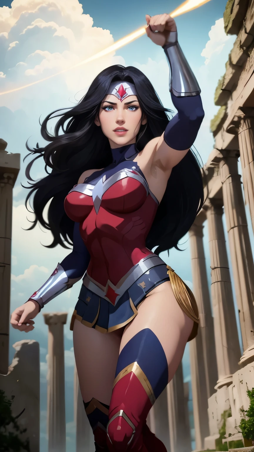 wonder woman da DC,(best qualityer,4K,8k,high resolution,work of art:1.2)(weather: cloudy), greek temple background, battle ruins, battle smoke, long curly hair, black hair, red top, blue micro shorts, red thigh high boots, diadem, long toga skirt, bracelets, combat pose, ultra detailed,portrait,realistic,beautiful detailed blue eyes, beautiful detailed lips,extremely detailed eye and face, long eyelashes,average,large breasts,flying hair,beaming smile, sexy smile,powerful girl in combat, bright coloured, dramatic lighting,