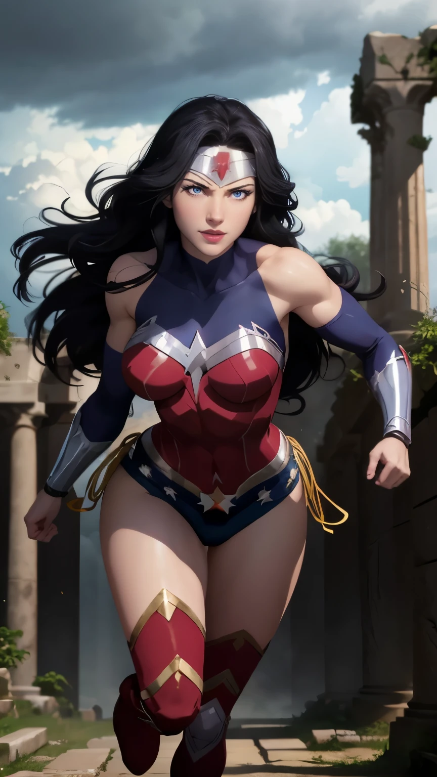 wonder woman da DC,(best qualityer,4K,8k,high resolution,work of art:1.2)(weather: cloudy), greek temple background, battle ruins, battle smoke, long curly hair, black hair, red top, blue micro shorts, red thigh high boots, diadem, long toga skirt, bracelets, combat pose, ultra detailed,portrait,realistic,beautiful detailed blue eyes, beautiful detailed lips,extremely detailed eye and face, long eyelashes,average,large breasts,flying hair,beaming smile, sexy smile,powerful girl in combat, bright coloured, dramatic lighting,