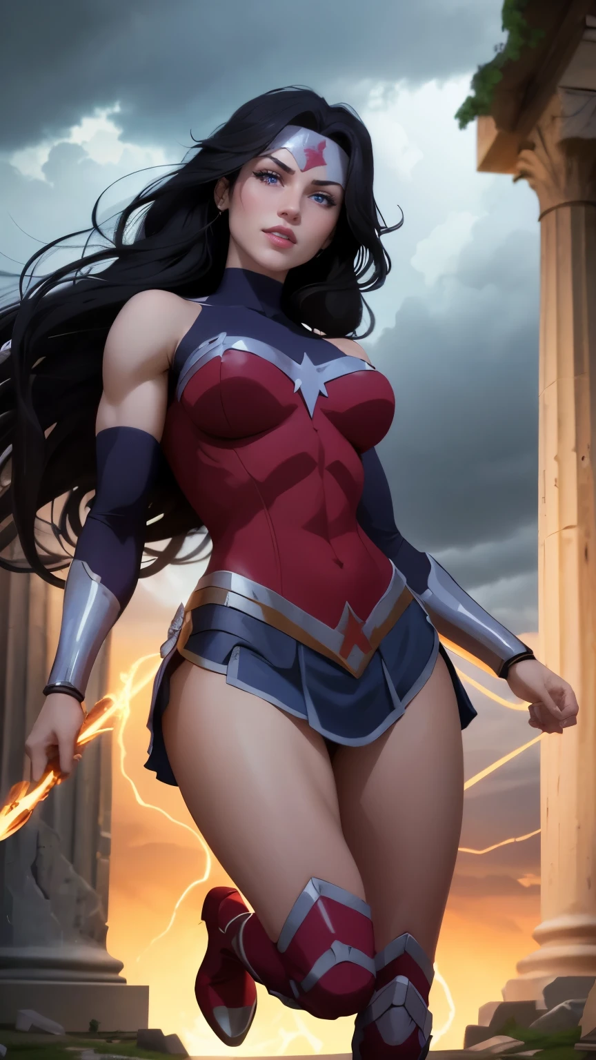 wonder woman da DC,(best qualityer,4K,8k,high resolution,work of art:1.2)(weather: cloudy), greek temple background, battle ruins, battle smoke, long curly hair, black hair, red top, blue micro shorts, red thigh high boots, diadem, long toga skirt, bracelets, combat pose, ultra detailed,portrait,realistic,beautiful detailed blue eyes, beautiful detailed lips,extremely detailed eye and face, long eyelashes,average,large breasts,flying hair,beaming smile, sexy smile,powerful girl in combat, bright coloured, dramatic lighting,