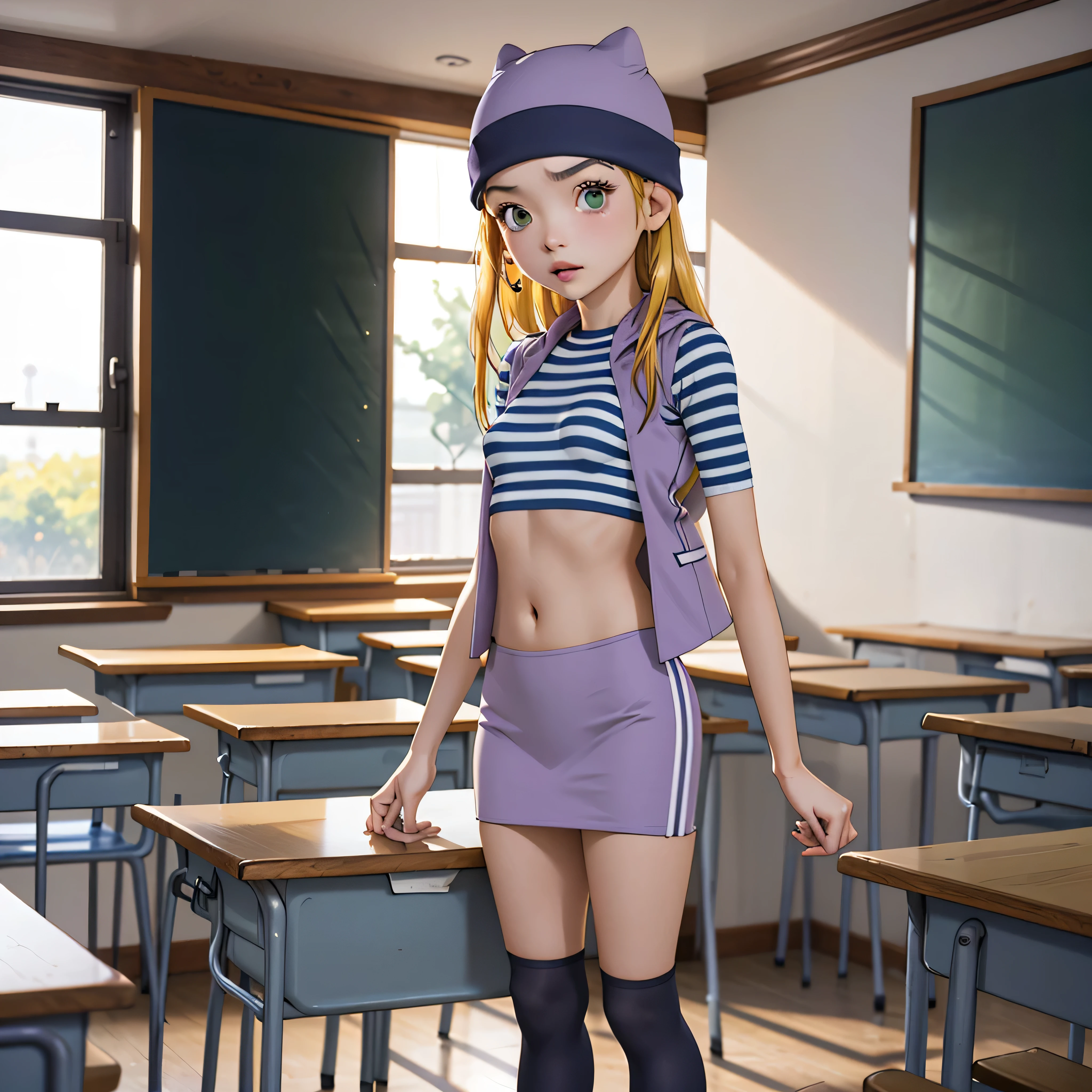 (masterpiece, best quality), 1girl, izumi Orimoto, indoors, classroom, green eyes, blonde hair, long hair, purple beanie, purple vest, purple miniskirt, blue white striped shirt, long purple socks, purple vest, striped shirt, navel shirt, small  size breast. skirt lift