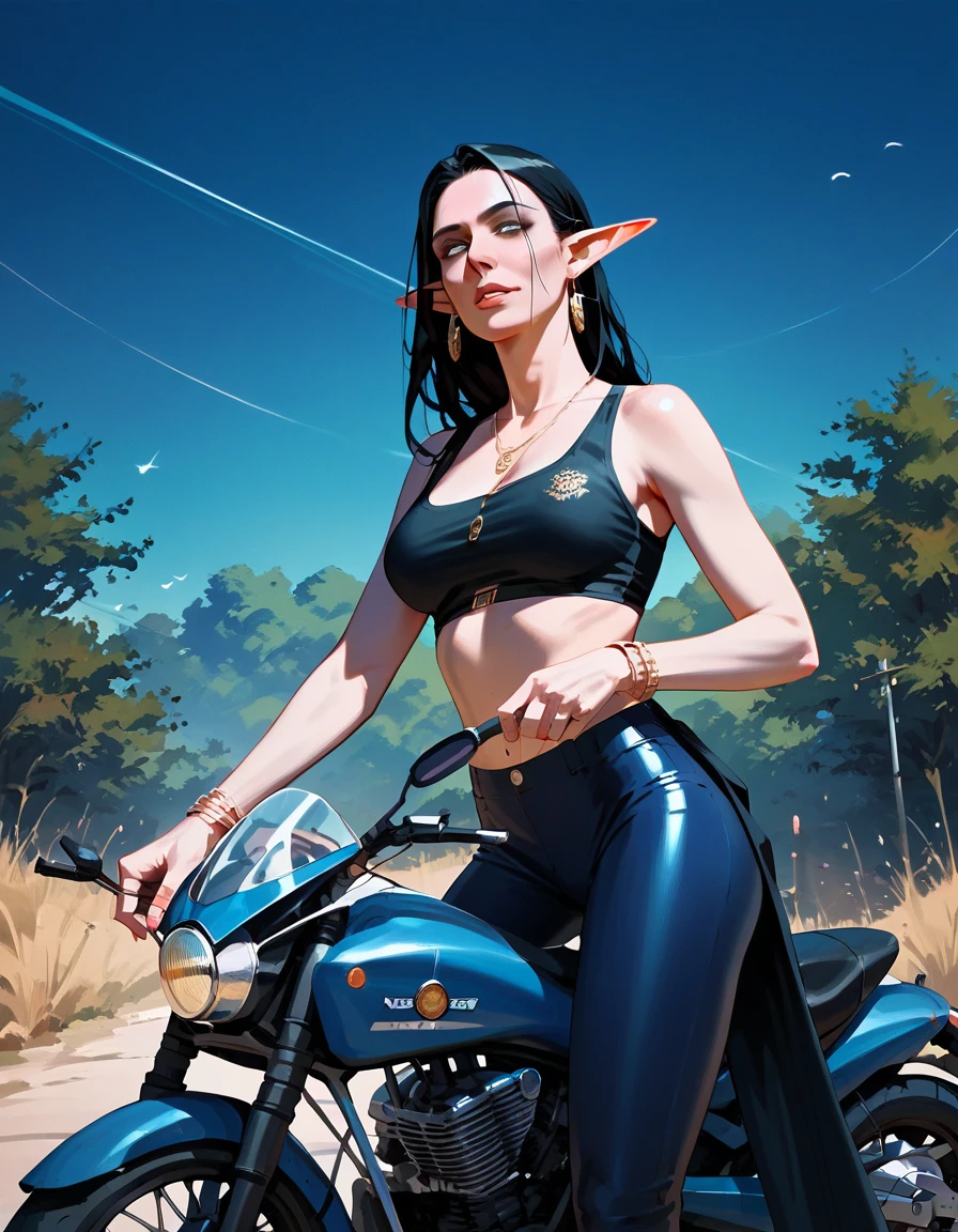 score_9, score_8_up, score_7_up, score_6_up, score_5_up, score_4_up, (masterpiece, best quality:1.2), highly detailed, illustration, mature woman, elf ears, black hair, skinny body, motorcycle pilot