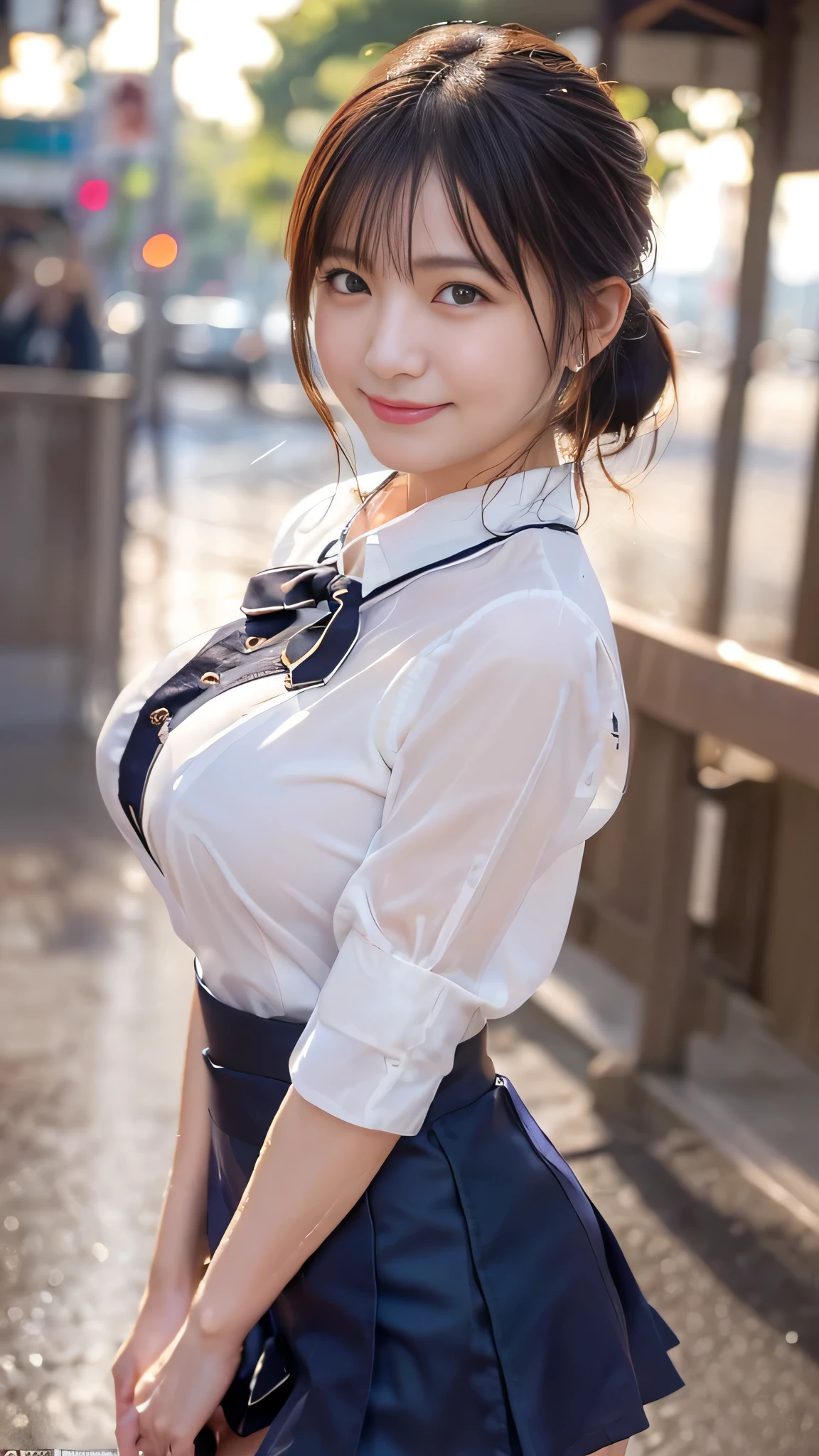(Best Quality,masterpiece:1.3,Ultra-high resolution),(Very detailed,Caustics,8k),(Realistic:1.4,RAW shooting),1 girl,(Smiling and looking down at the camera),(View here)、cute,Japanese,Short black ponytail,(((Thin, tight-fitting uniform blouse))),((mini skirt))、Bow tie、glamorous,(((Big Breasts))),(Breast Focus),street,sunlight,Natural Light,(Backlight),(A bright light shines from behind),(Lens Flare),Professional Writing,(Cowboy Shot),(Low position:1.2),(Low Angle:1.2)、(((The blouse is wet with sweat and transparent)))、((Nipples))、((Sexually excited expression))、Small waist、1、((Poses that emphasize large breasts))、Gravure idol