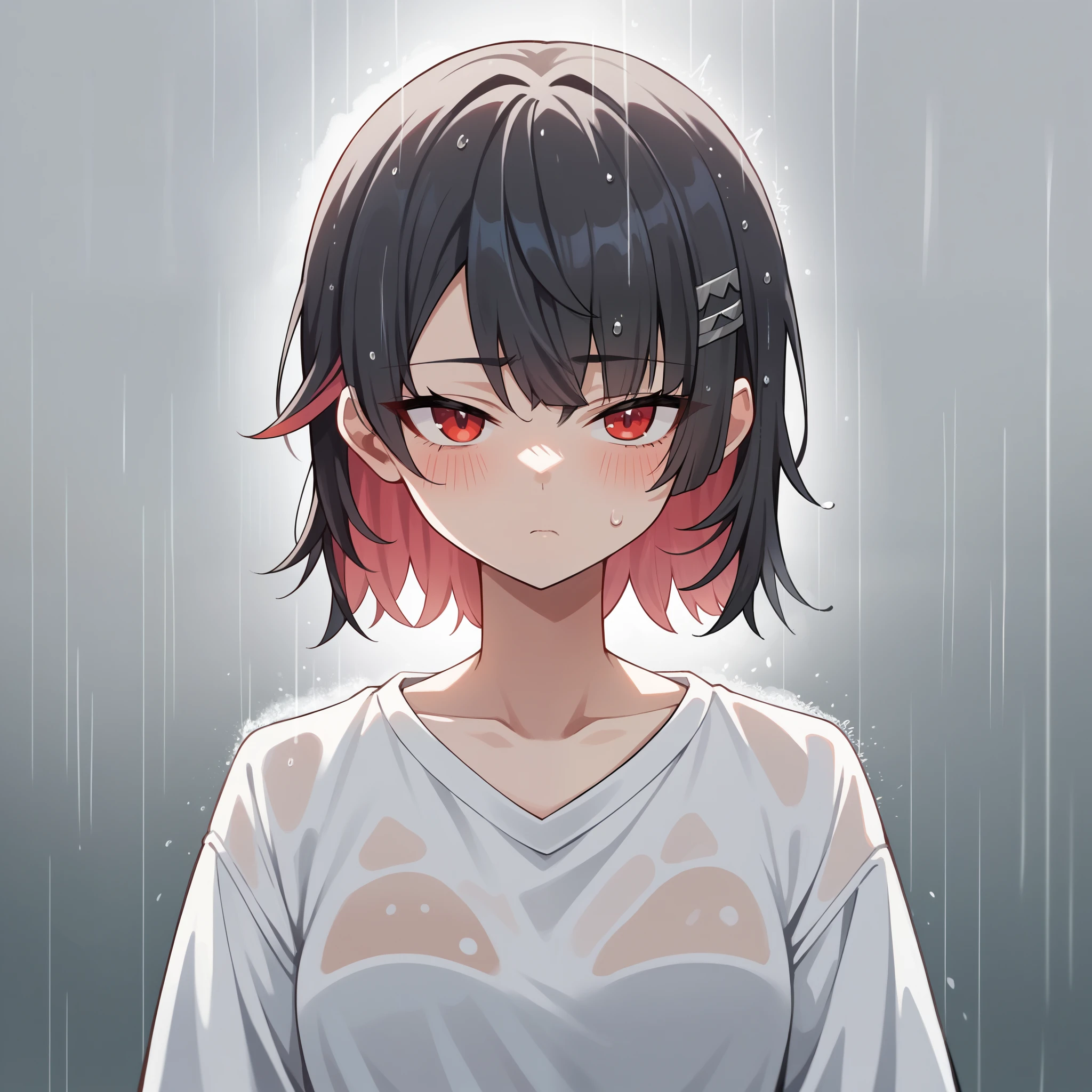 masterpiece，high resolution，Anime Art，Anime Numbers， 4k anime wallpaper，Radiant Skin，Looking at the camera，Solitary，An anime girl，blush，Black hair，Striped hair，White shirt，Open neckline，chest，Dark spots under red eyes，Facing the audience，Upper body close-up，Rainy Day，Cloudy background