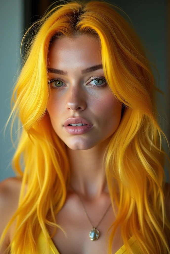 Nsfw、nude、(((1 girl))), ((((alone)))), ((messy hairstyle)), stand and take a photo, (((reddish yellow hair)), red eyes、((Laugh and fool yourself))、blush