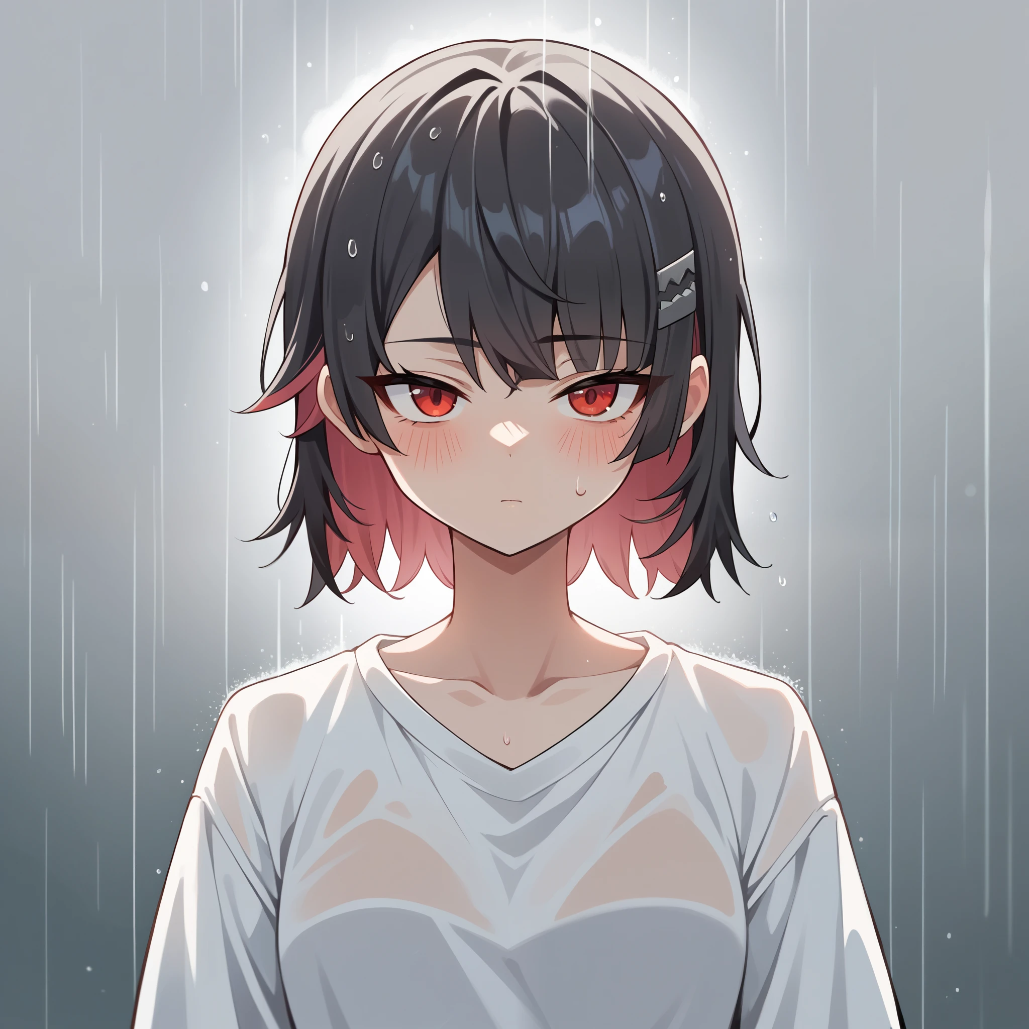 masterpiece，high resolution，Anime Art，Anime Numbers， 4k anime wallpaper，Radiant Skin，Looking at the camera，Solitary，An anime girl，blush，Black hair，Striped hair，White shirt，Open neckline，chest，Dark spots under red eyes，Facing the audience，Upper body close-up，Rainy Day，Cloudy background