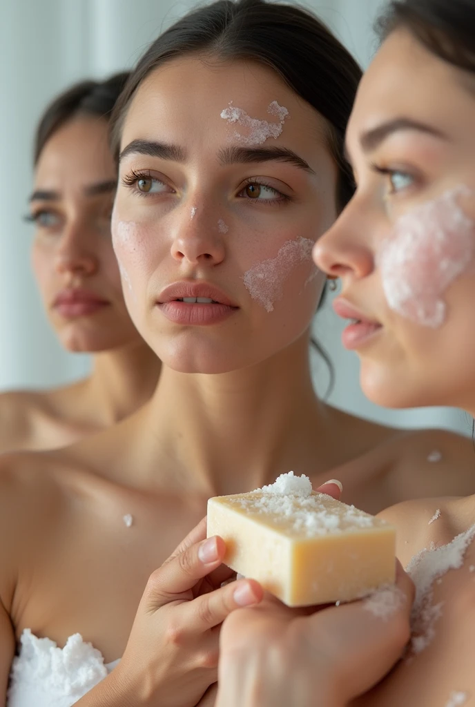 2 women in bath, 1 birracial , 1 white, take a bath, soap, foam