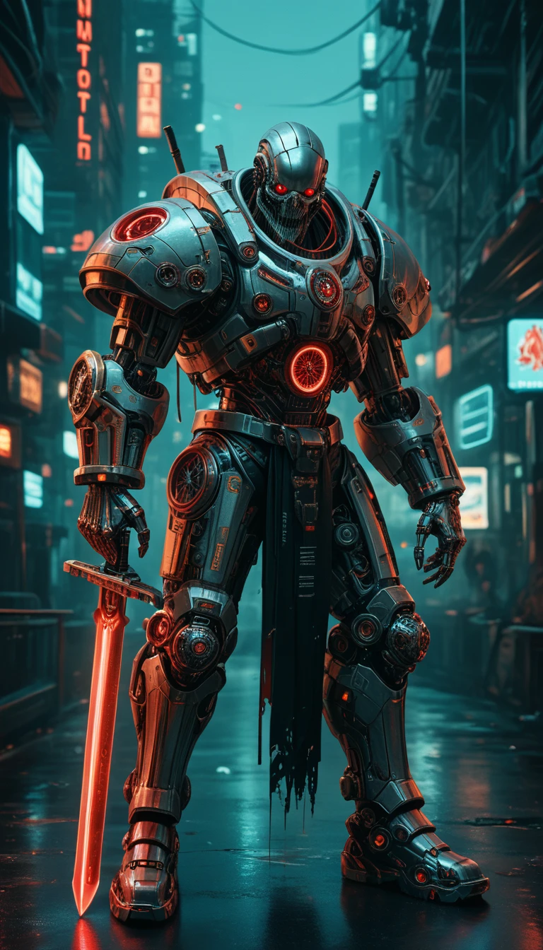 a hyper-realistic image of a Reaper dressed in red, technologically advanced mechanical armor. The armor should have a futuristic aesthetic with a streamlined shape, yellow neon and smooth surface. The Reaper holding a huge and big silver titanium intricate sword with a neon red light. The background should feature high-tech architecture, subtly blurred to enhance the atmosphere of a future world.