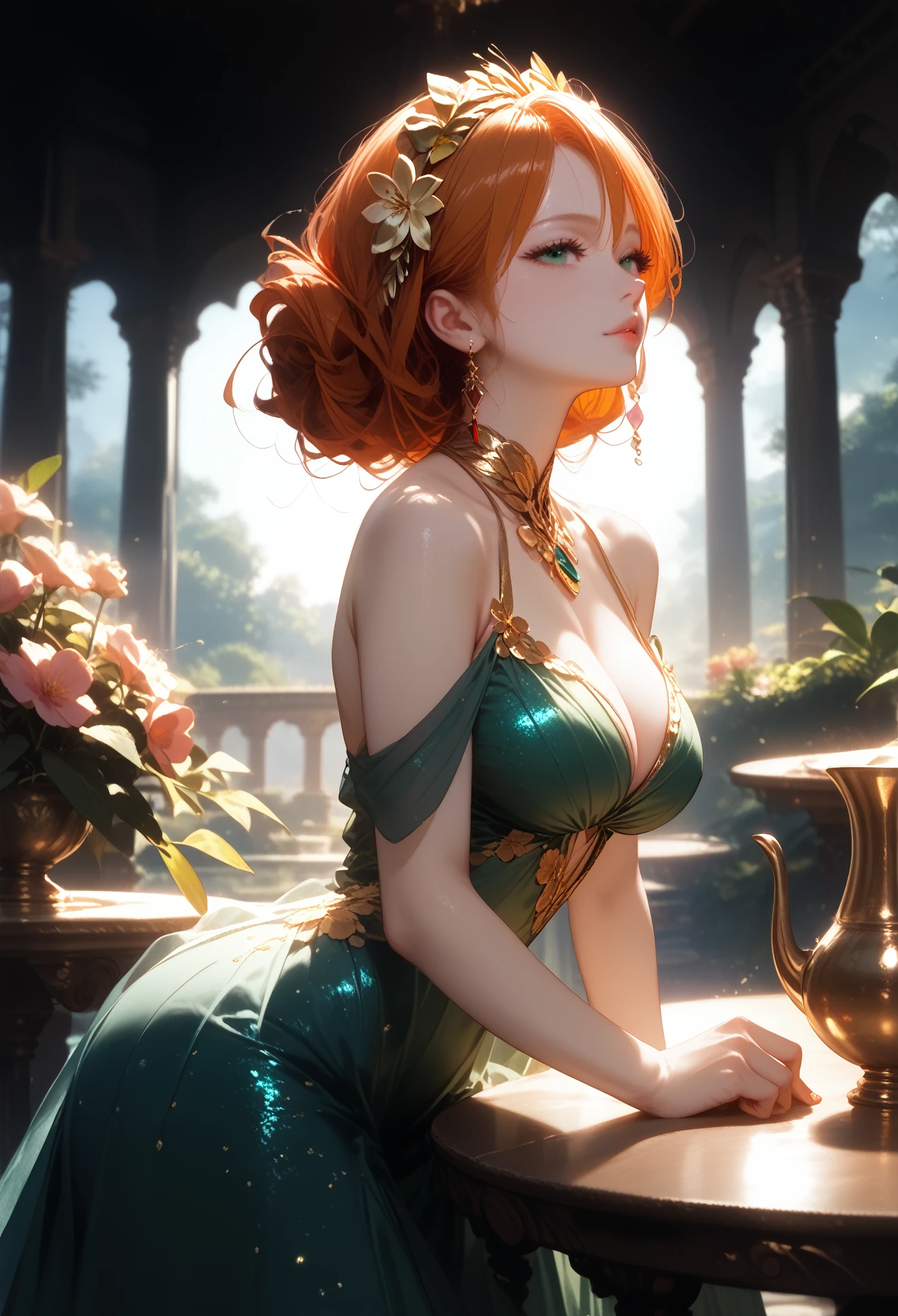 (best quality,4k,8k,highres,masterpiece:1.2),ultra-detailed,(realistic,photorealistic,photo-realistic:1.37), portraits, red-purple haired girl, very long and flowing hair, mesmerizing violet eyes, beautifully detailed eyes and face, big expressive eyes, luscious glossy lips, seductive gaze, front face view, stunningly beautiful face, medium: oil painting, vibrant colors, soft and warm color tones, delicate brushstrokes, exquisite attention to detail, captivating presence, alluring and mysterious aura, surrounded by a garden of vibrant flowers, lush green foliage, gentle sunlight casting a warm glow on her, creating a serene and enchanting atmosphere.