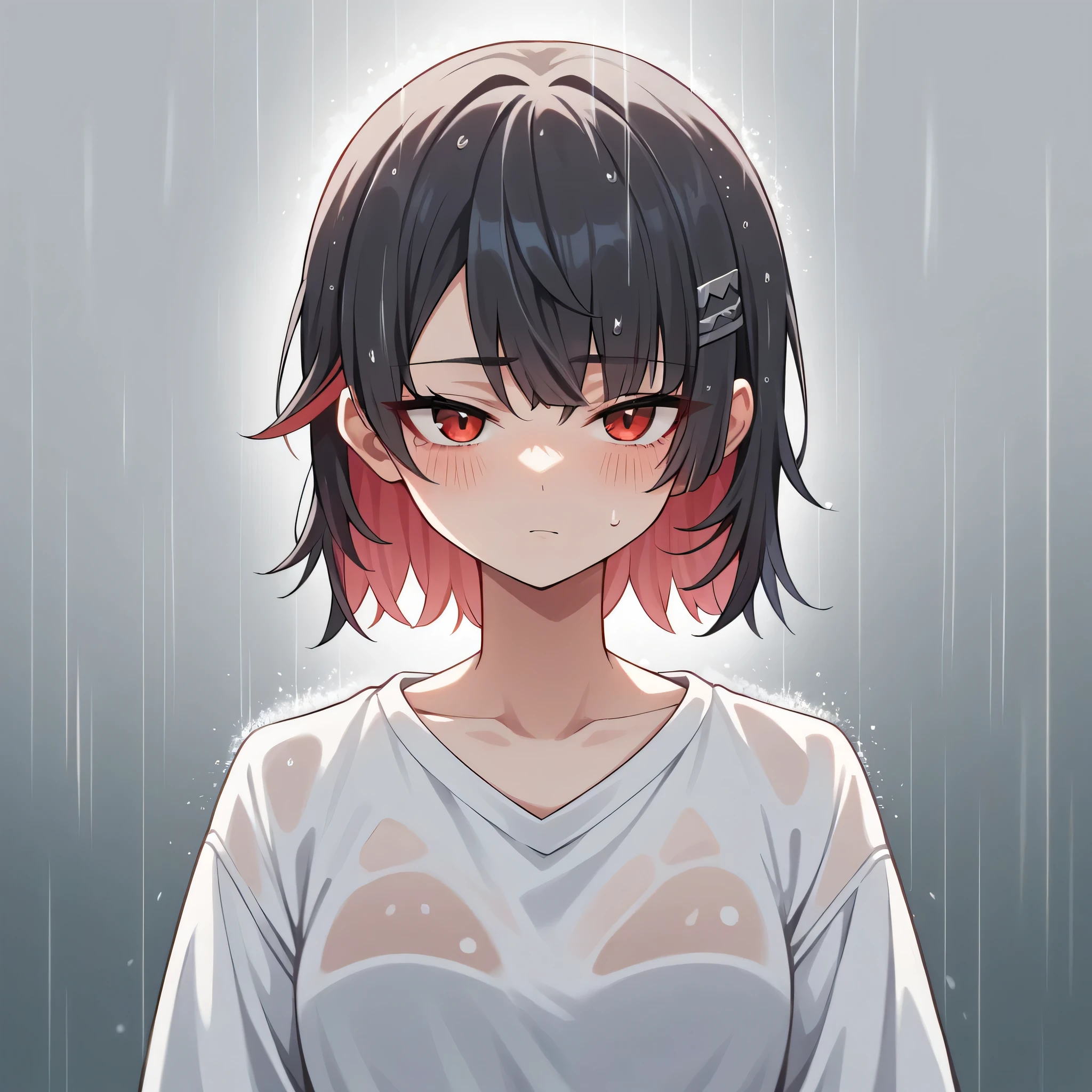 masterpiece，high resolution，Anime Art，Anime Numbers， 4k anime wallpaper，Radiant Skin，Looking at the camera，Solitary，An anime girl，blush，Black hair，Striped hair，White shirt，Open neckline，chest，Dark spots under red eyes，Facing the audience，Upper body close-up，Rainy Day，Cloudy background