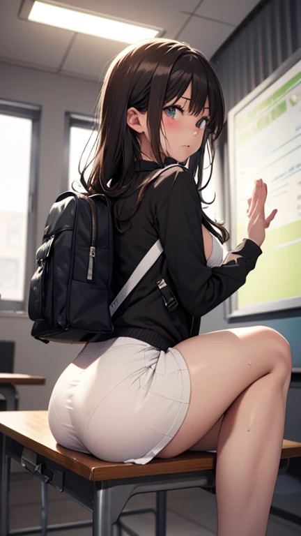 score_9, score_8_up, score_7_up, asian, 1girl, sitting in guy's lap, cowgirl position, looking at viewer, facing away, classroom, petite girl, legs wide open, abandoned, used, excessive cum on body, textured skin, sweating profusely, cute, annoyed, kawai, shoulder length hair, bangs, 18year old, wearing short skirt, skirt lifted, panties around thigh, backpack, school uniform, wearing loose shirt, sideboob,   after sex, cum dripping, cumshot on legs, cum on face, concept art, expressiveh, realistic, low light,  motion lines, people in the background, cum splash from ass, 1man, sitting in chair, sitting under girl, facing front, penis in pussy, deep penetration, girthy penis, size difference, pureerosface_v1, ng_deepnegative_v1_75t