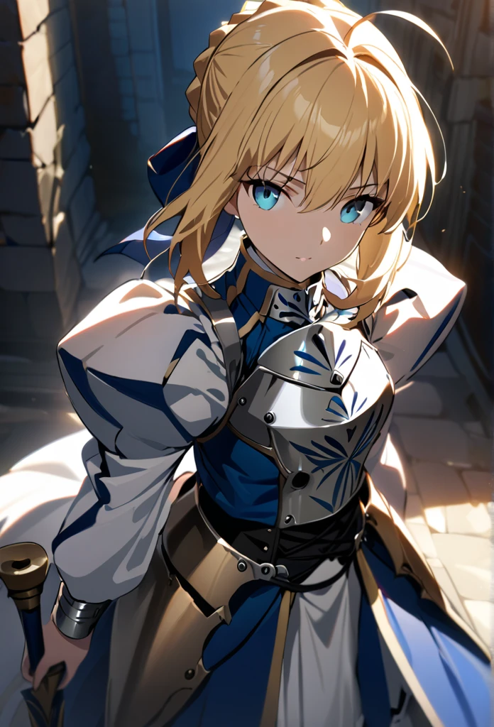 (masterpiece:1.2), (highest quality:1.2), Perfect Eyes, Perfect Face, Perfect lighting,1girl，Saber, holding sword artoria pendragon \(fate\), fate \(series\) perspective medieval beautiful, aesthetic, detailed, beautiful color amazing quality, best quality, high quality