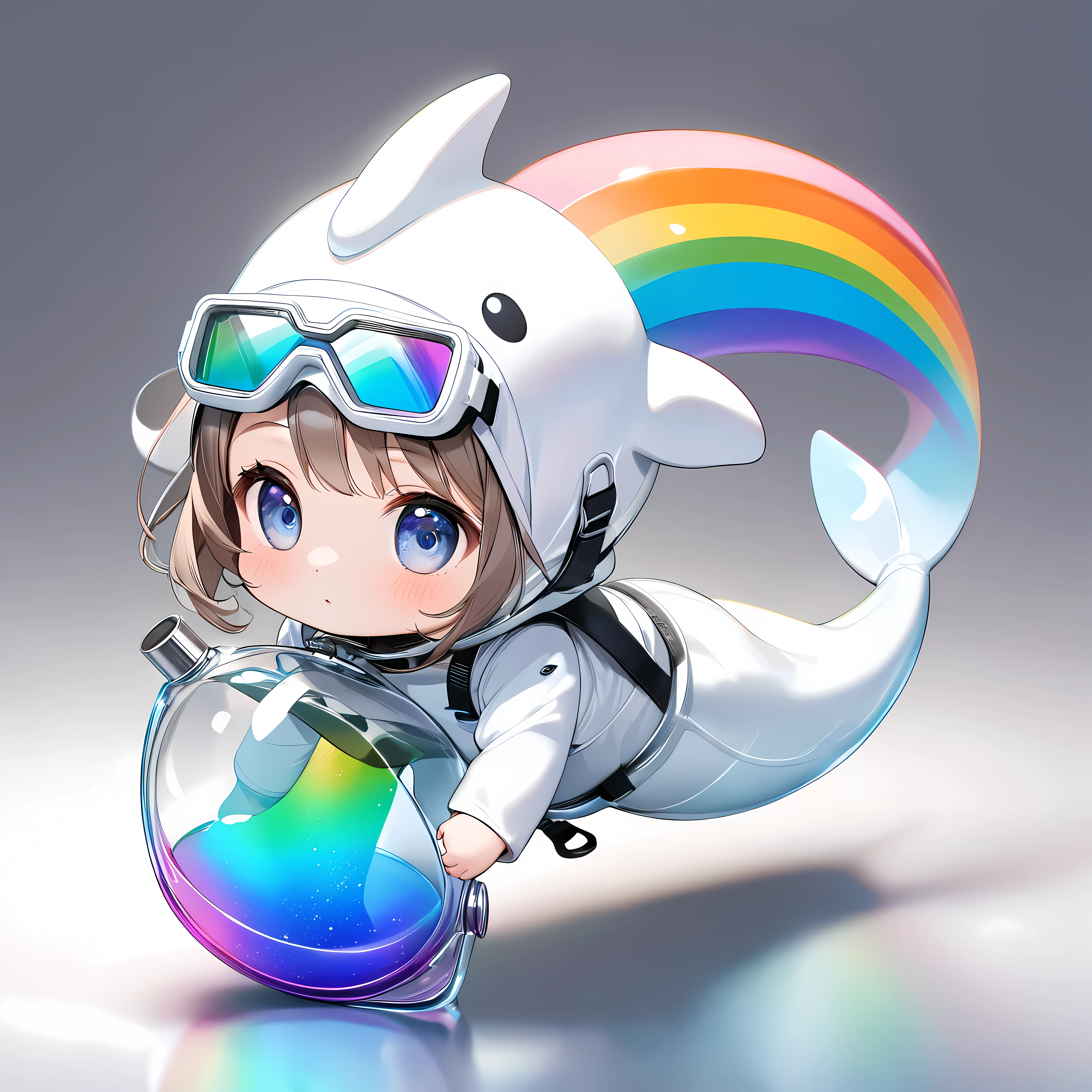 (Minimal Deformation, cute, Simple Art), ((A girl wearing a realistic dolphin costume, Alone), Chibi cute diver), (Pure white dolphin costume), Holographically reflective snorkel, Fantastic rainbow-colored oxygen cylinder, It&#39;s like a transparent color spray., Colorful gradient, Black painted background, ARW, The appeal that stimulates the creator&#39;s creativity, 