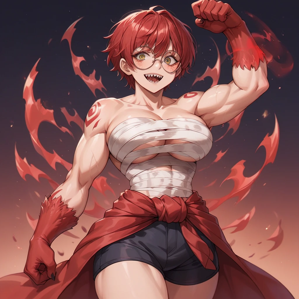 strong woman, resistant and defined, defined abdomen, short red hair with bangs, wearing red poncho, yellow eyes, 
wearing round frame glasses, sharp canine teeth, wearing bandages on the breasts, wearing short black shorts, wearing red poncho tied around waist, marks of injuries on the body, anime art, emanating a transparent aura of power, red beast forearms