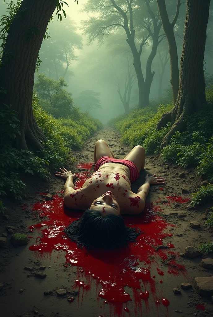mutilated woman, with her throat ripped out, dead on the ground next to a gloomy forest